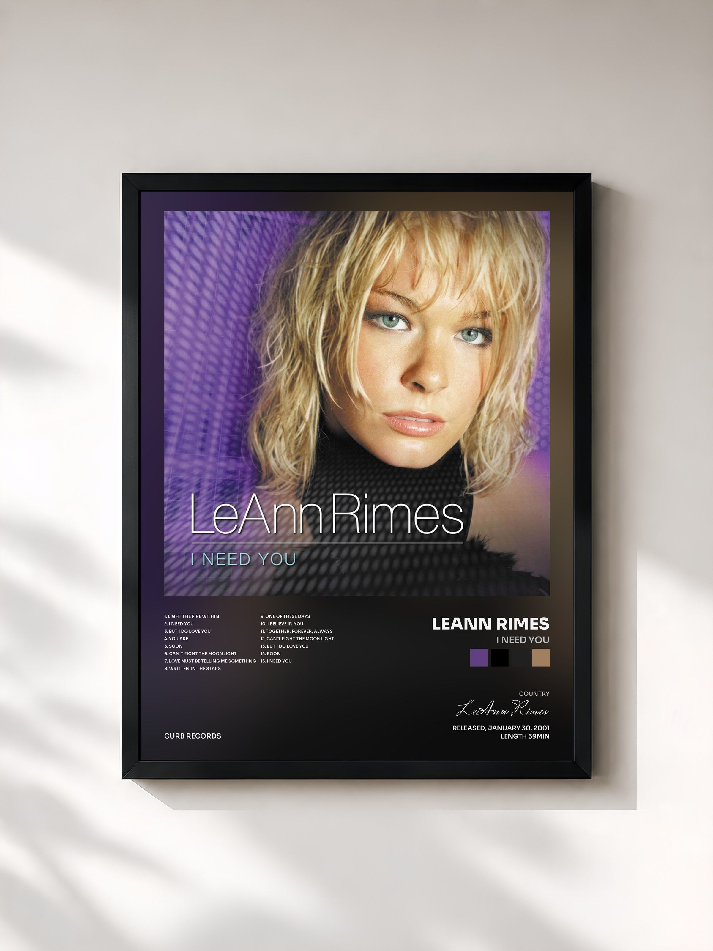 #noir Tableau de l'album I Need You de LeAnn Rimes, cadre noir, imprimé et encadré en France