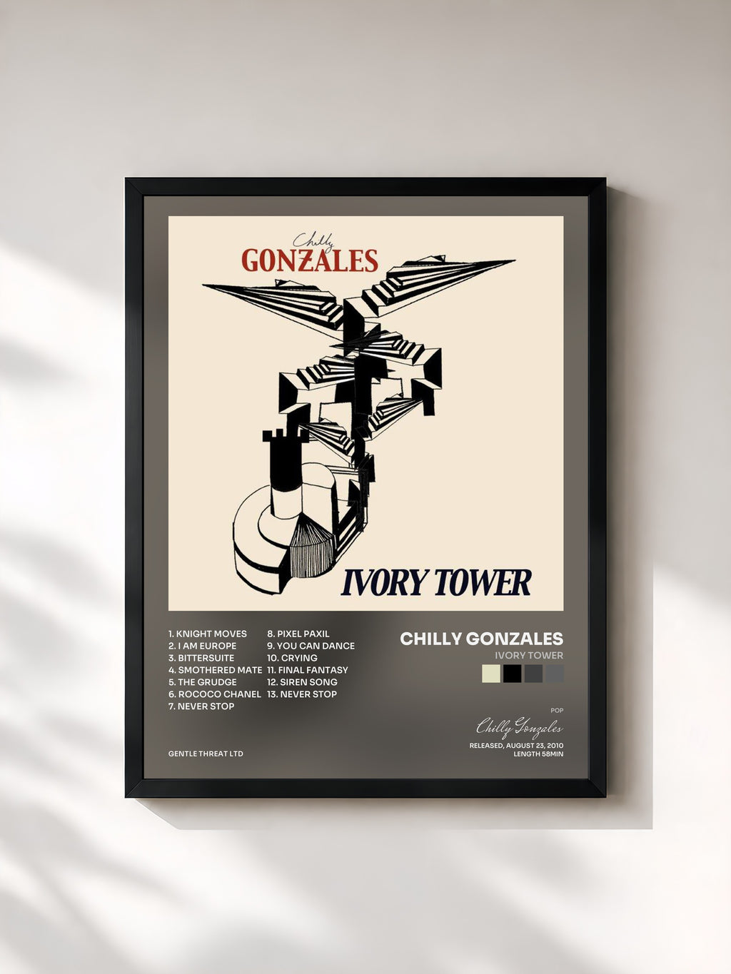 #noir Tableau de l'album Ivory Tower de Chilly Gonzales, cadre noir, imprimé et encadré en France