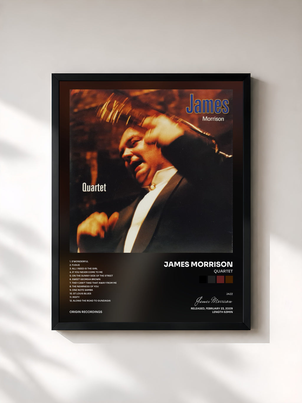 #noir Tableau de l'album Quartet de James Morrison, cadre noir, imprimé et encadré en France