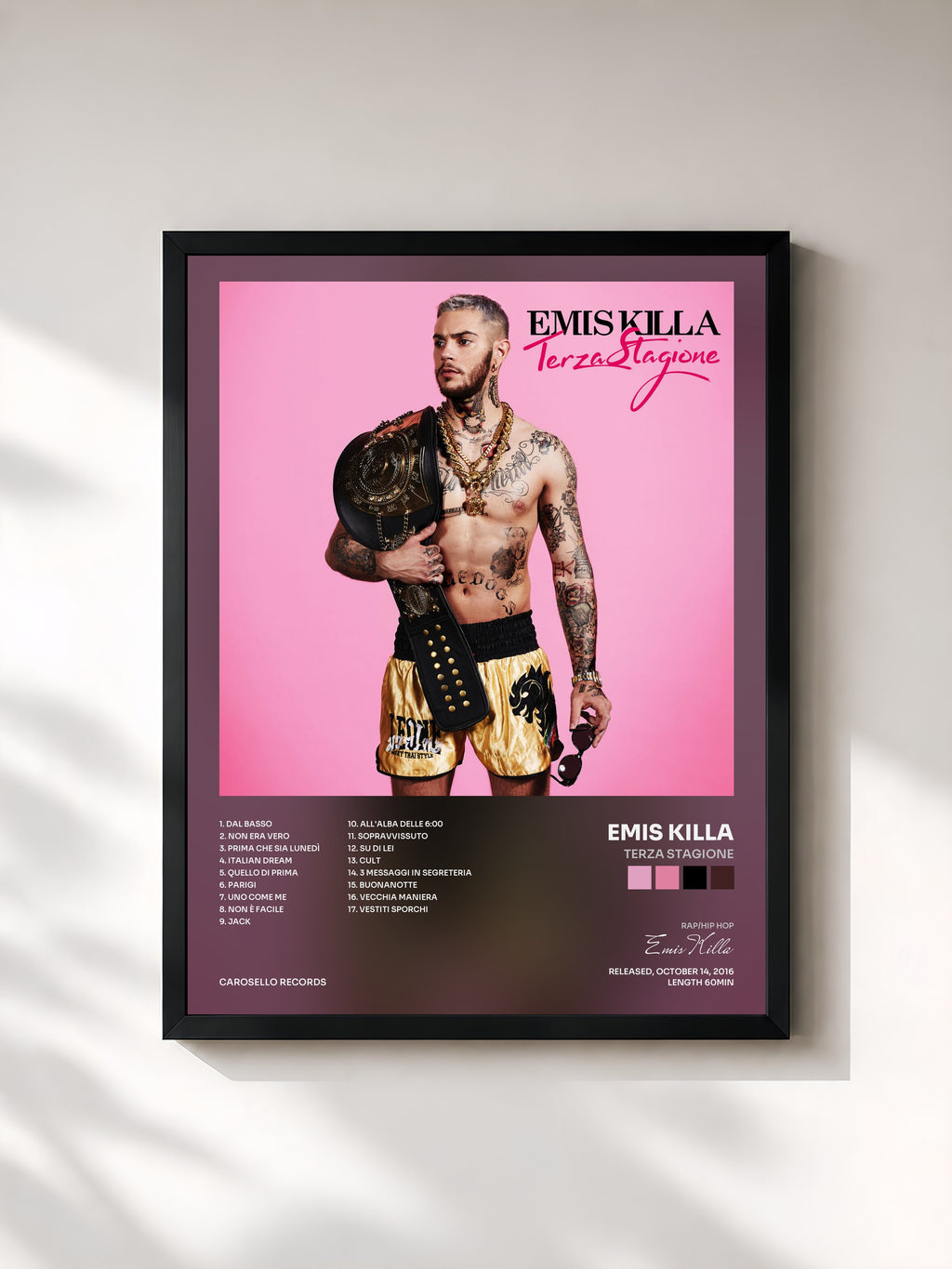 #noir Tableau de l'album Terza Stagione de Emis Killa, cadre noir, imprimé et encadré en France