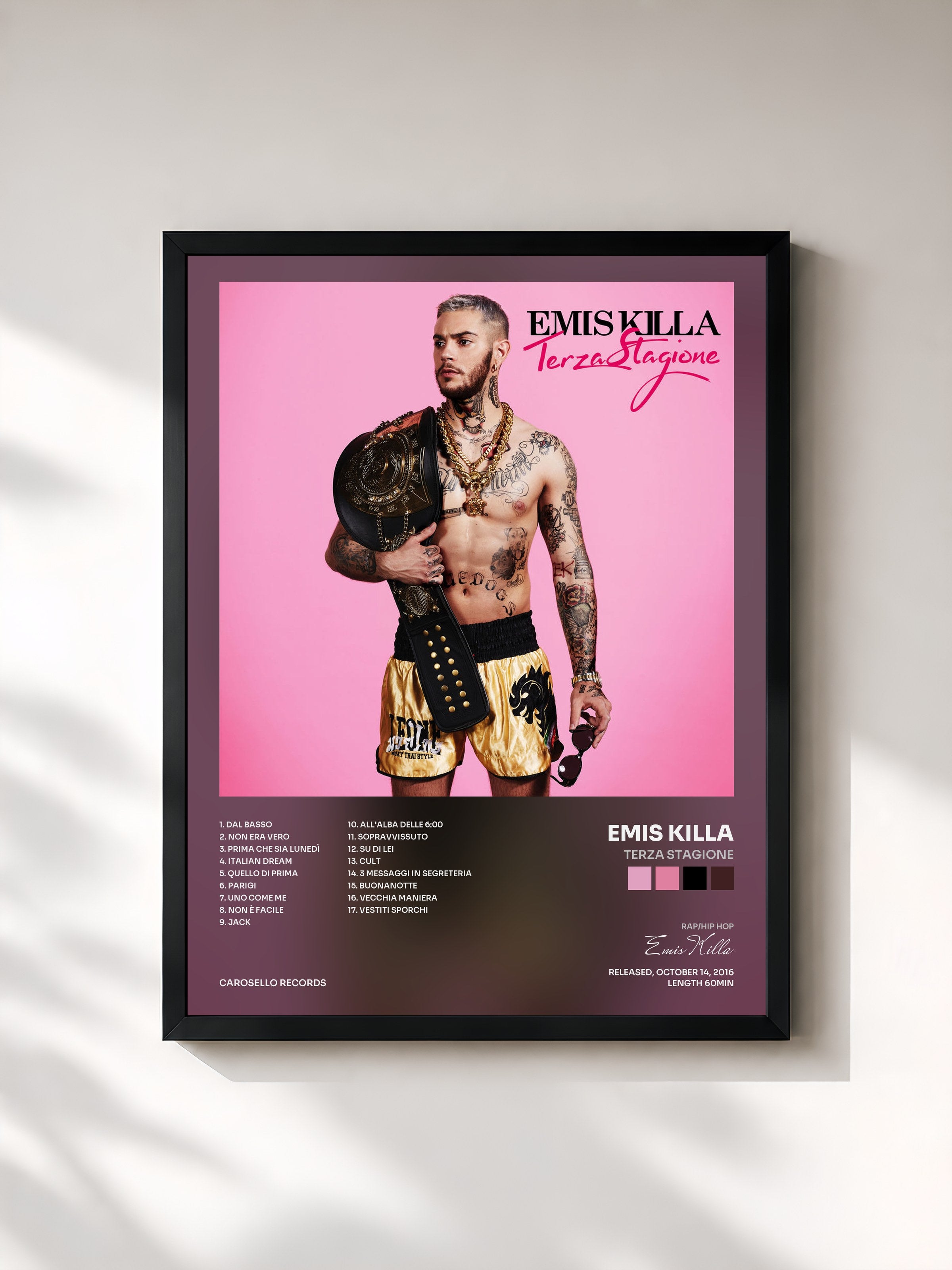 #noir Tableau de l'album Terza Stagione de Emis Killa, cadre noir, imprimé et encadré en France