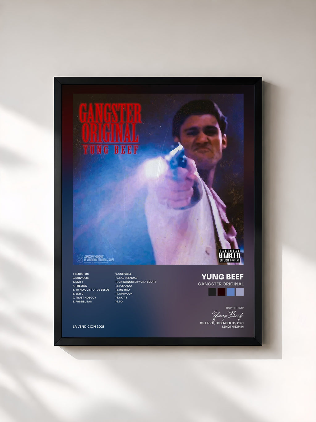 #noir Tableau de l'album Gangster Original de Yung Beef, cadre noir, imprimé et encadré en France