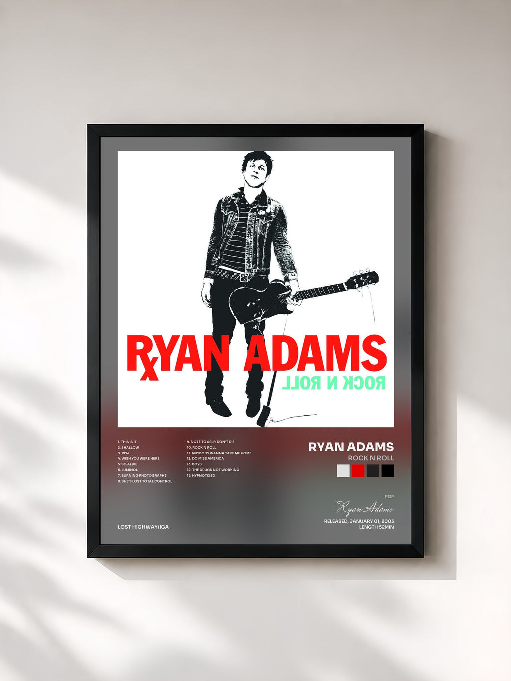 #noir Tableau de l'album Rock N Roll de Ryan Adams, cadre noir, imprimé et encadré en France