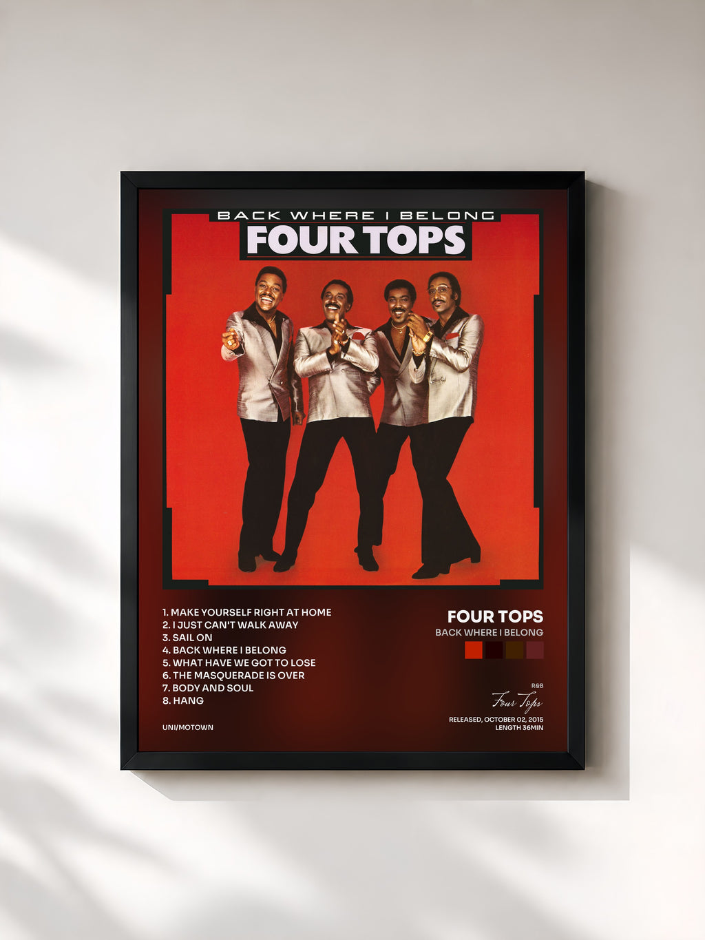 #noir Tableau de l'album Back Where I Belong de Four Tops, cadre noir, imprimé et encadré en France