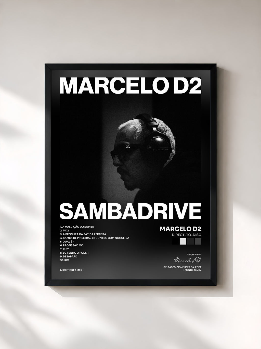 #noir Tableau de l'album Direct-to-Disc de Marcelo D2, cadre noir, imprimé et encadré en France
