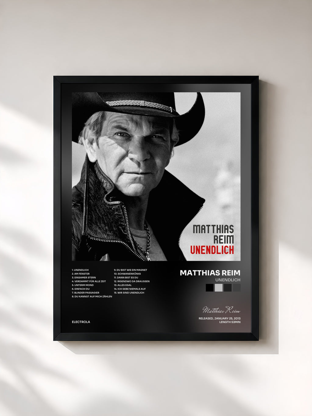 #noir Tableau de l'album Unendlich de Matthias Reim, cadre noir, imprimé et encadré en France