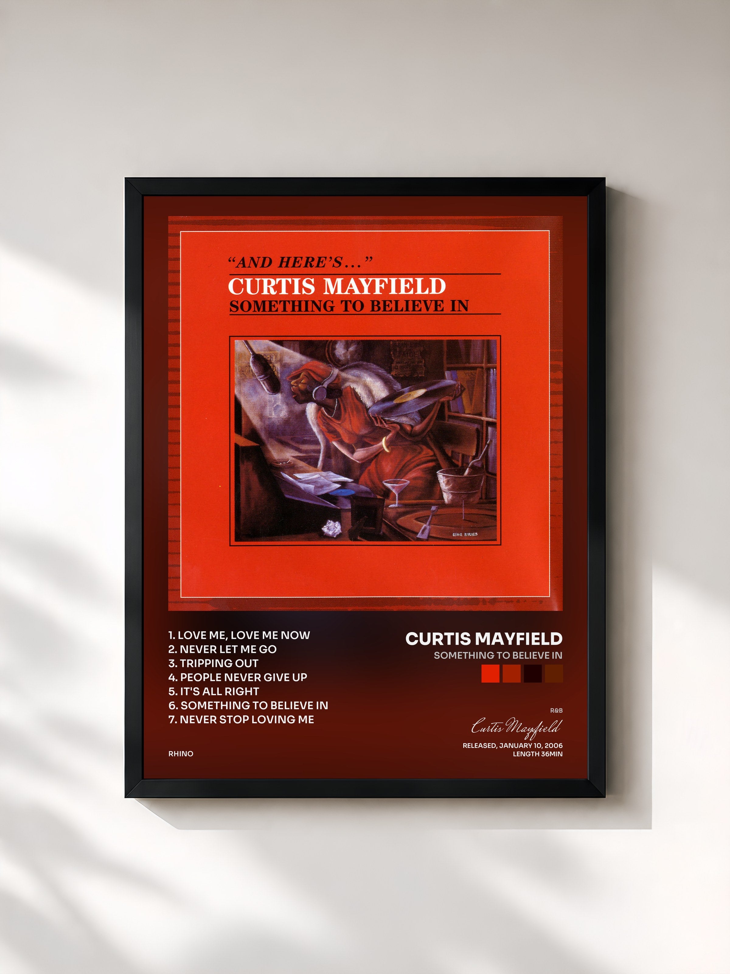 #noir Tableau de l'album Something to Believe In de Curtis Mayfield, cadre noir, imprimé et encadré en France