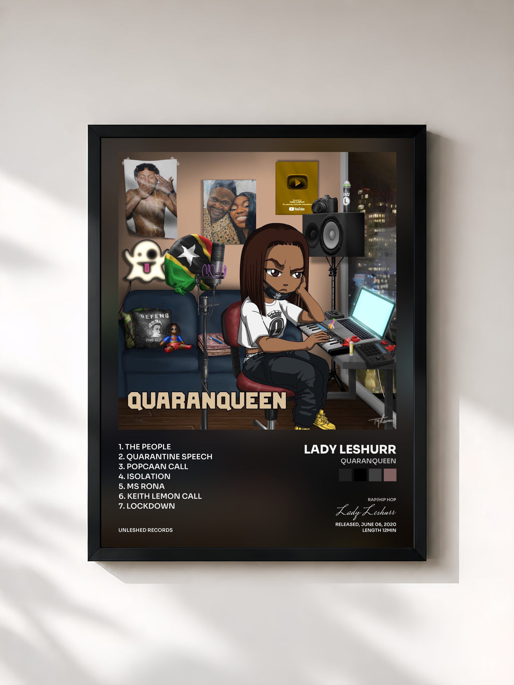#noir Tableau de l'album Quaranqueen de Lady Leshurr, cadre noir, imprimé et encadré en France