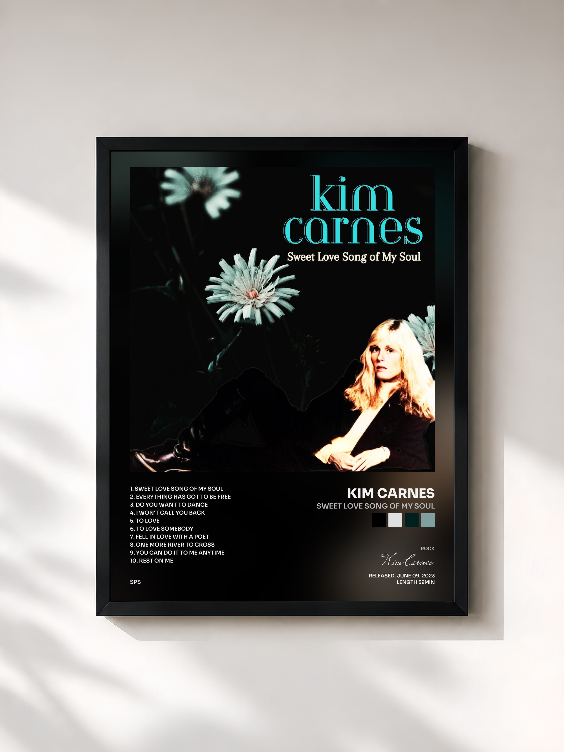 #noir Tableau de l'album Sweet Love Song of My Soul de Kim Carnes, cadre noir, imprimé et encadré en France
