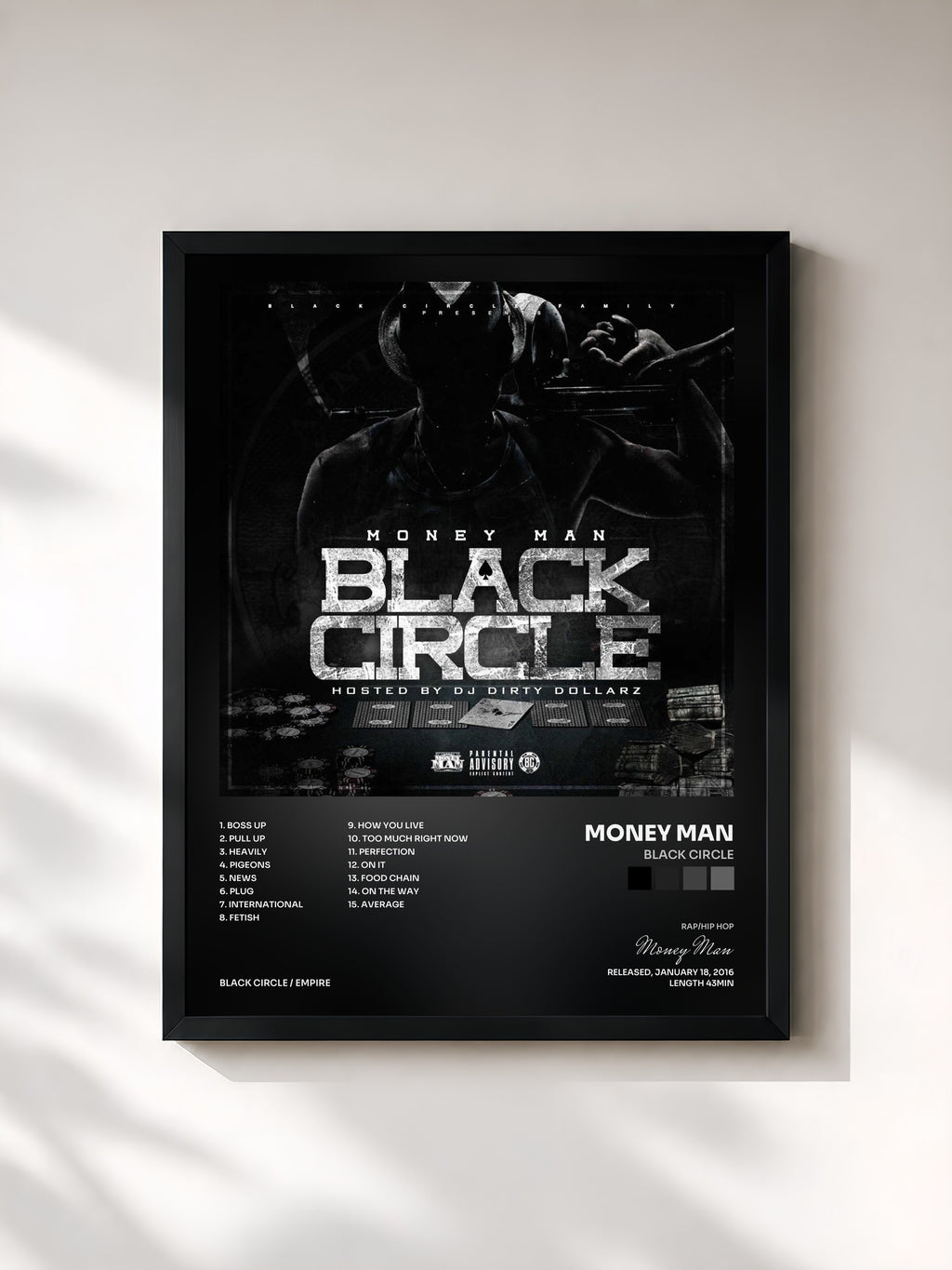 #noir Tableau de l'album Black Circle de Money Man, cadre noir, imprimé et encadré en France