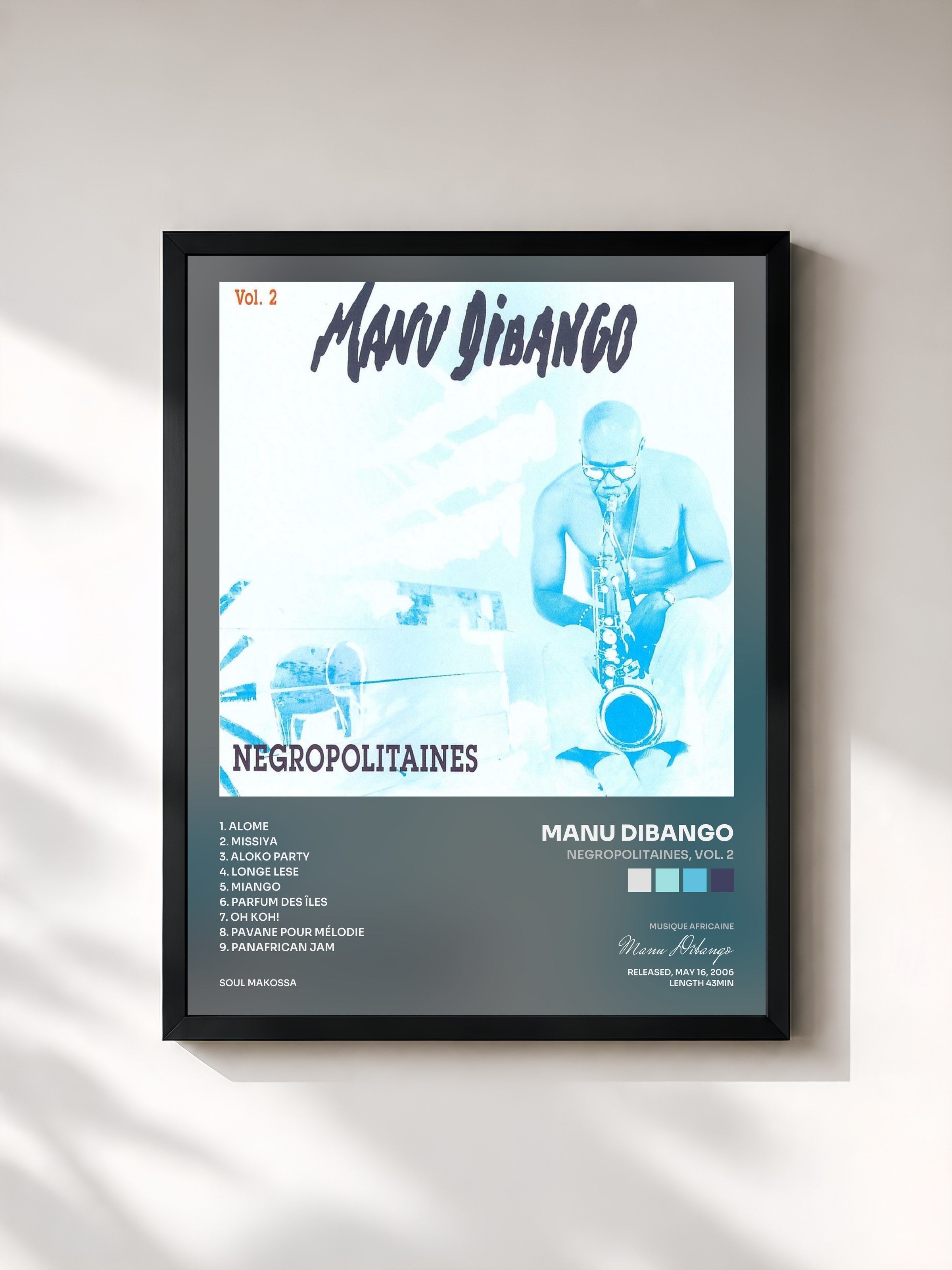 #noir Tableau de l'album Negropolitaines, Vol. 2 de Manu Dibango, cadre noir, imprimé et encadré en France