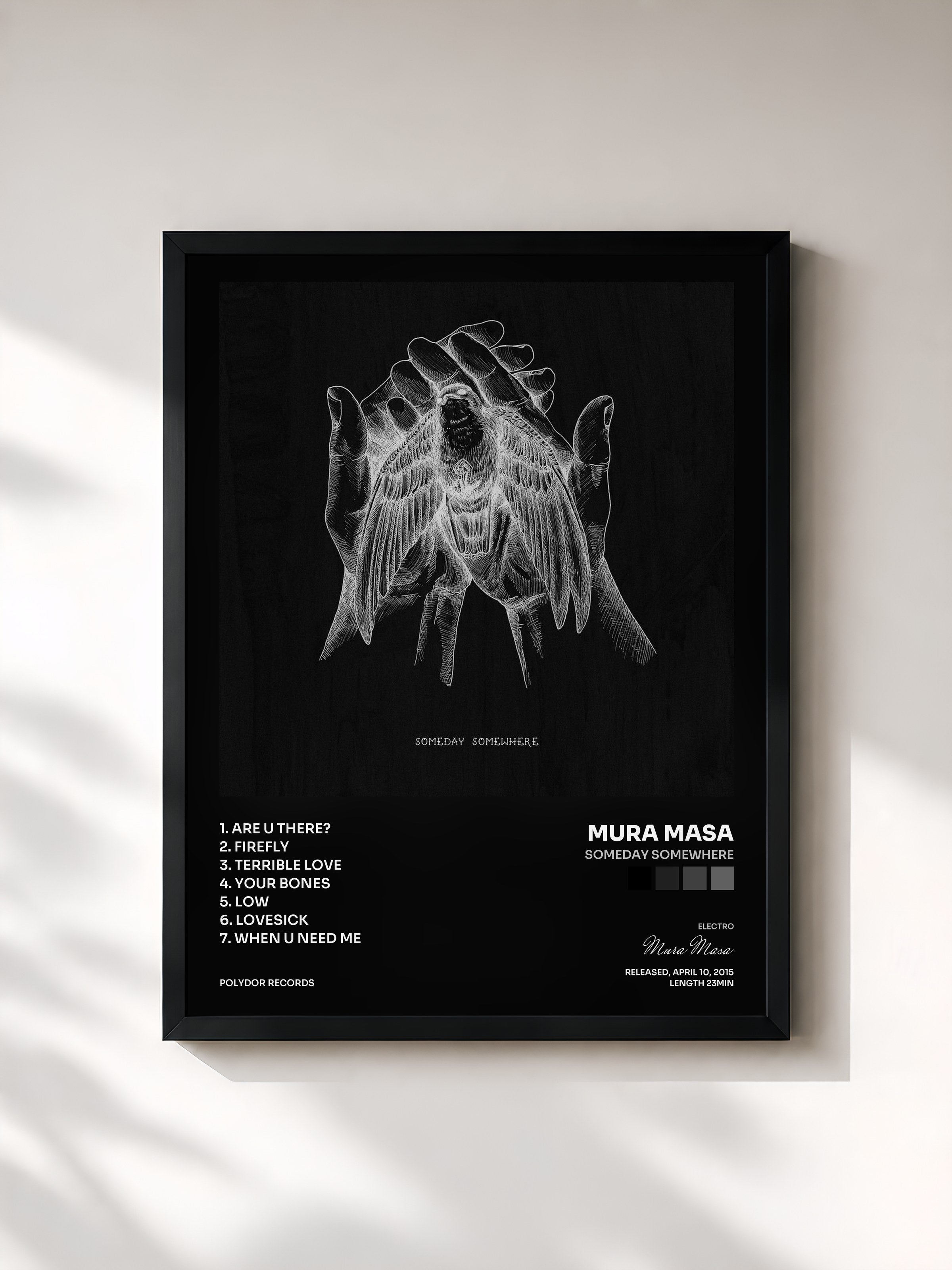 #noir Tableau de l'album Someday Somewhere de Mura Masa, cadre noir, imprimé et encadré en France