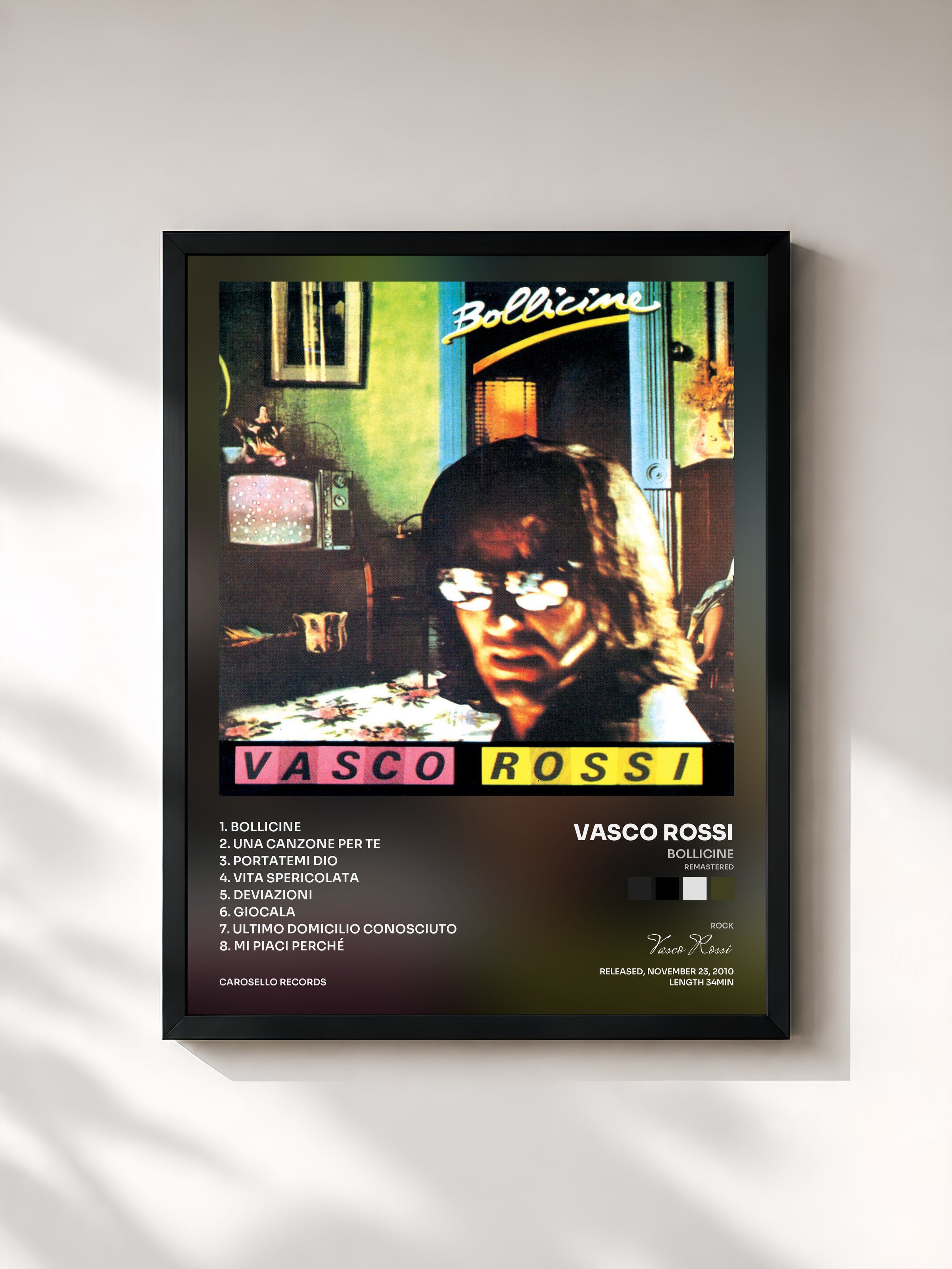 #noir Tableau de l'album Bollicine (Remastered) de Vasco Rossi, cadre noir, imprimé et encadré en France