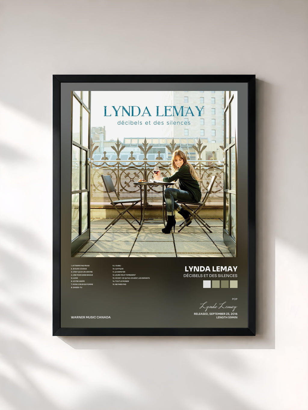 #noir Tableau de l'album Décibels et des silences de Lynda Lemay, cadre noir, imprimé et encadré en France