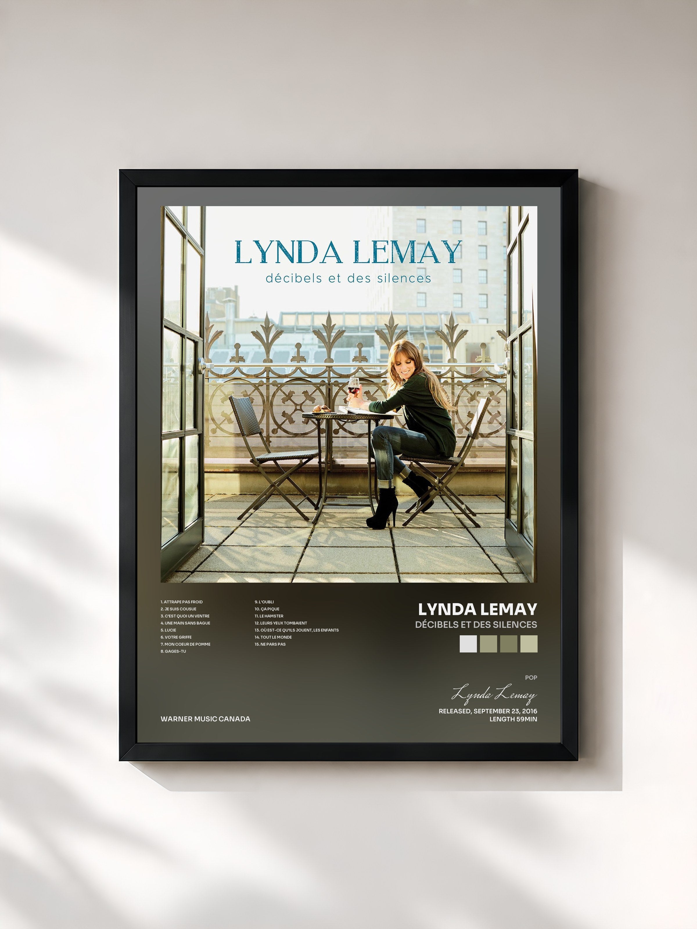#noir Tableau de l'album Décibels et des silences de Lynda Lemay, cadre noir, imprimé et encadré en France