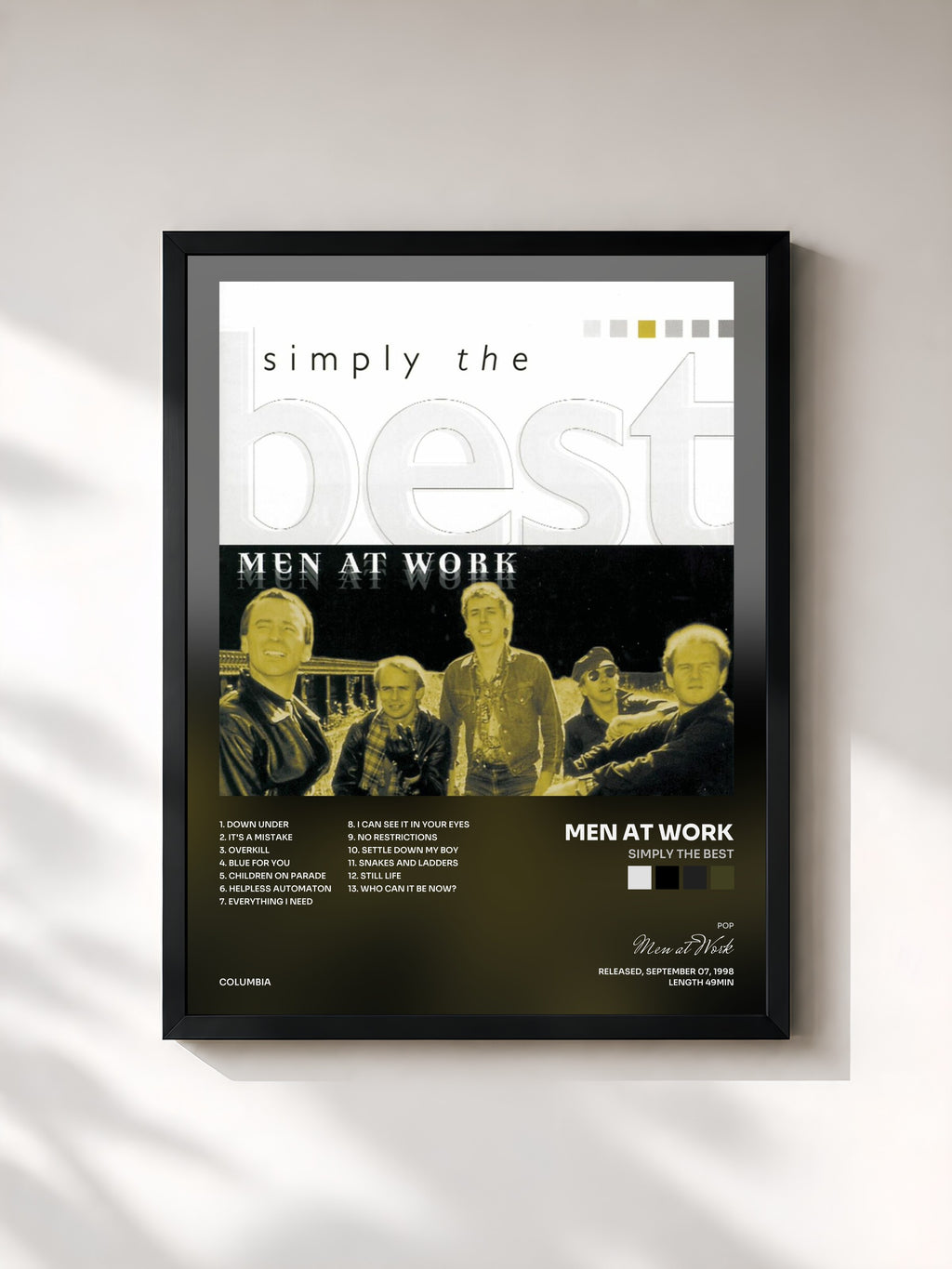 #noir Tableau de l'album Simply The Best de Men at Work, cadre noir, imprimé et encadré en France