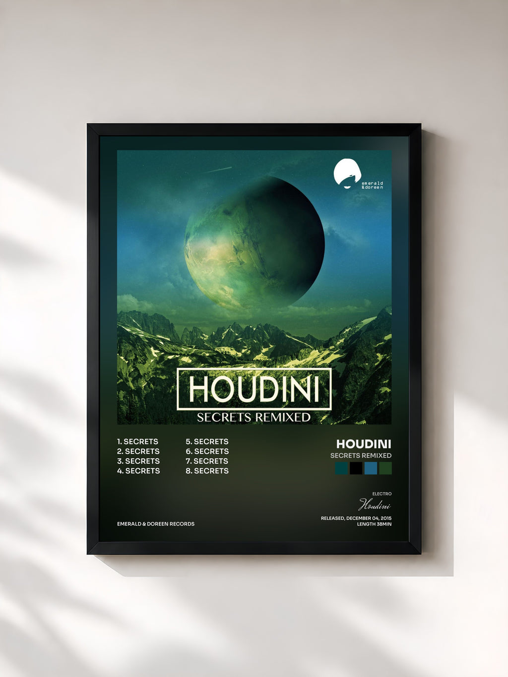 #noir Tableau de l'album Secrets Remixed de Houdini, cadre noir, imprimé et encadré en France