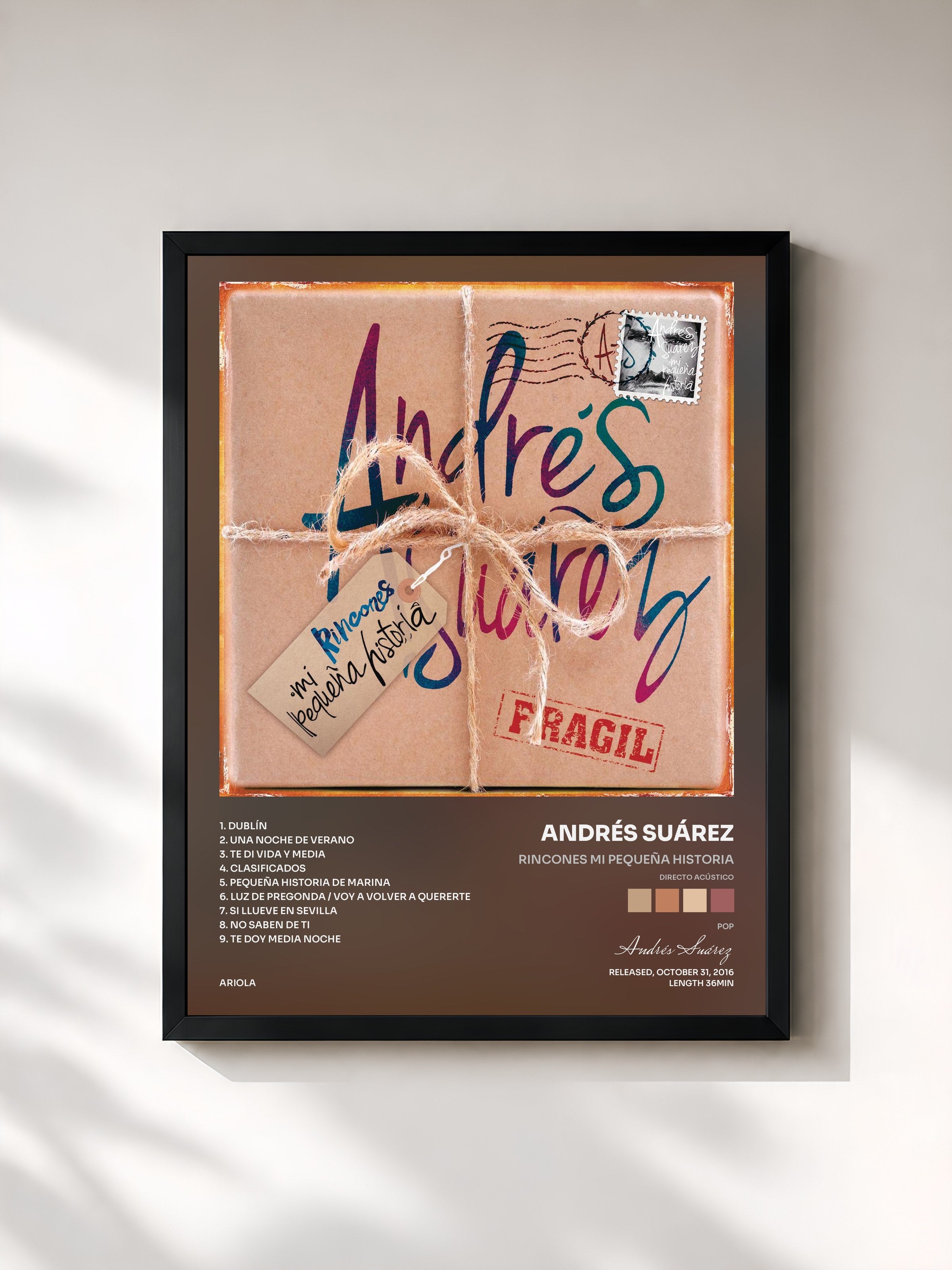 #noir Tableau de l'album Rincones Mi Pequeña Historia (Directo Acústico) de Andrés Suárez, cadre noir, imprimé et encadré en France