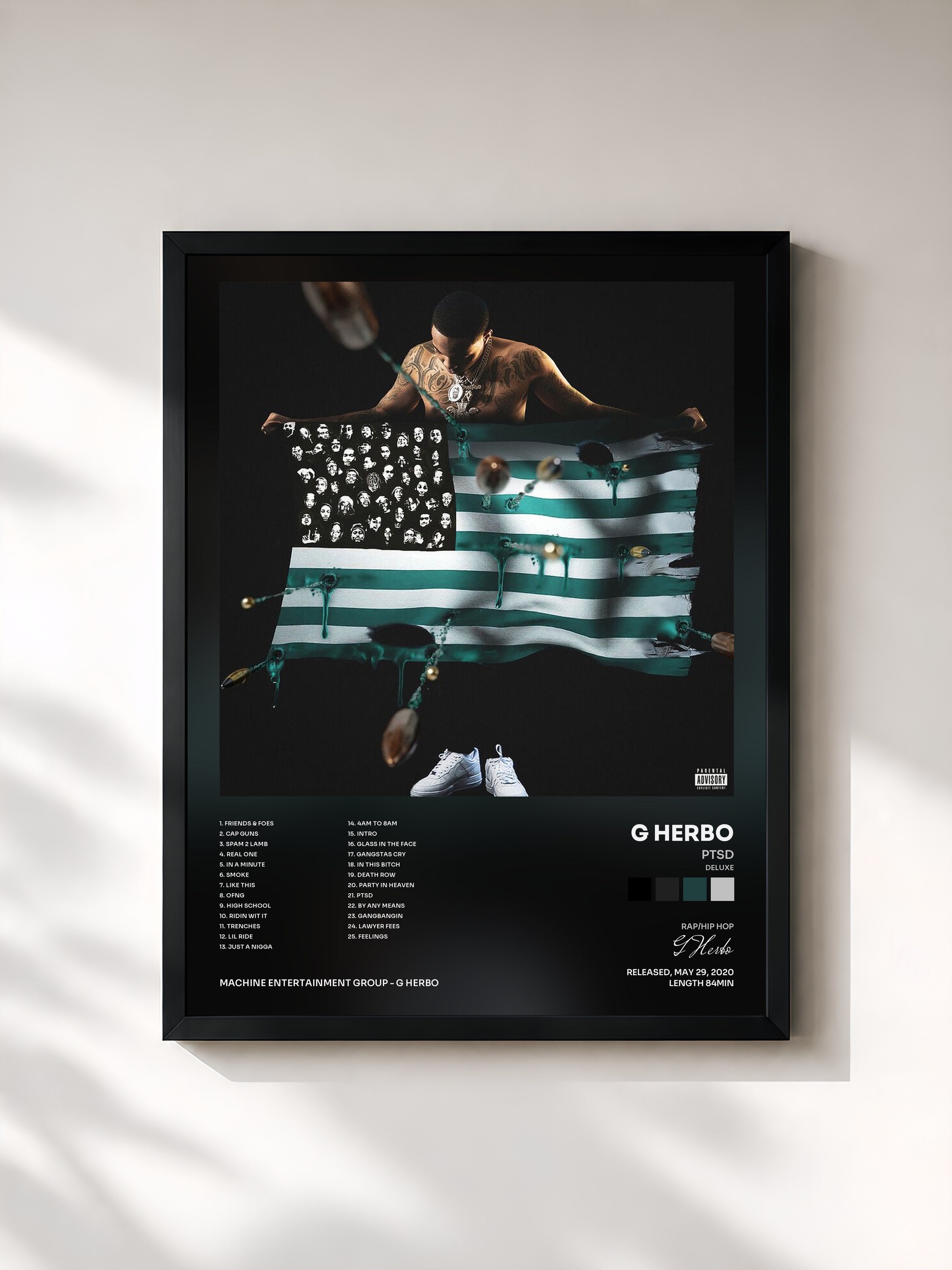 #noir Tableau de l'album PTSD (Deluxe) de G Herbo, cadre noir, imprimé et encadré en France