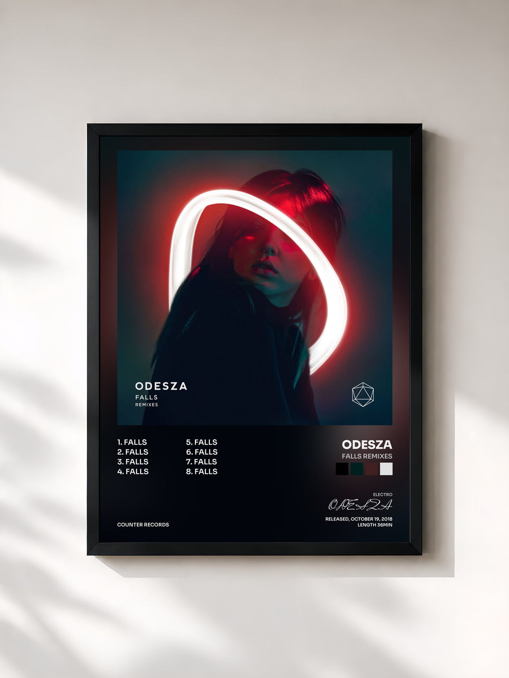 #noir Tableau de l'album Falls Remixes de ODESZA, cadre noir, imprimé et encadré en France