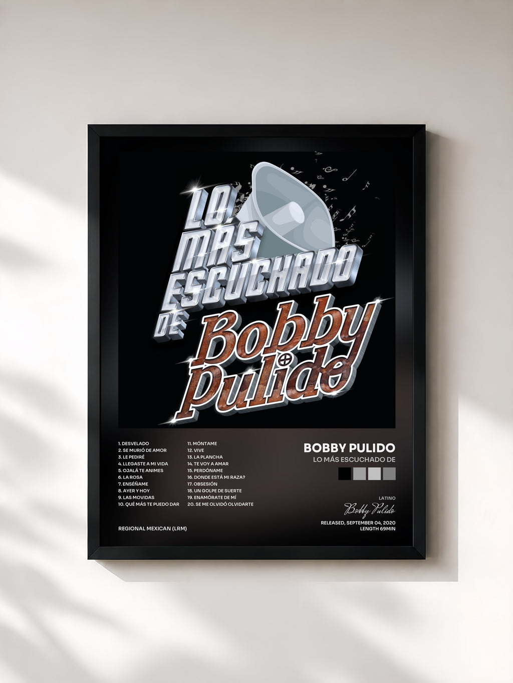 #noir Tableau de l'album Lo Más Escuchado De de Bobby Pulido, cadre noir, imprimé et encadré en France