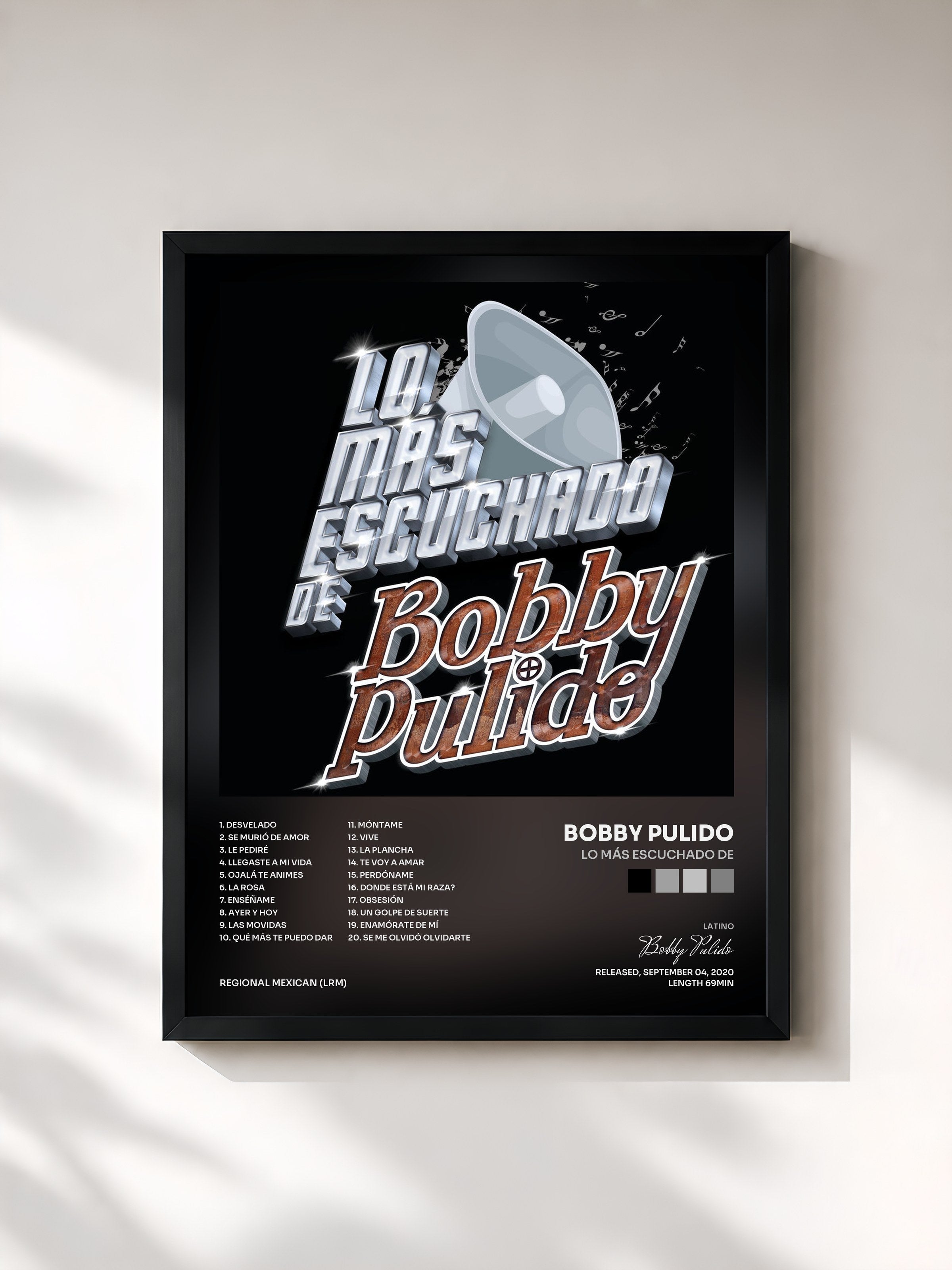 #noir Tableau de l'album Lo Más Escuchado De de Bobby Pulido, cadre noir, imprimé et encadré en France