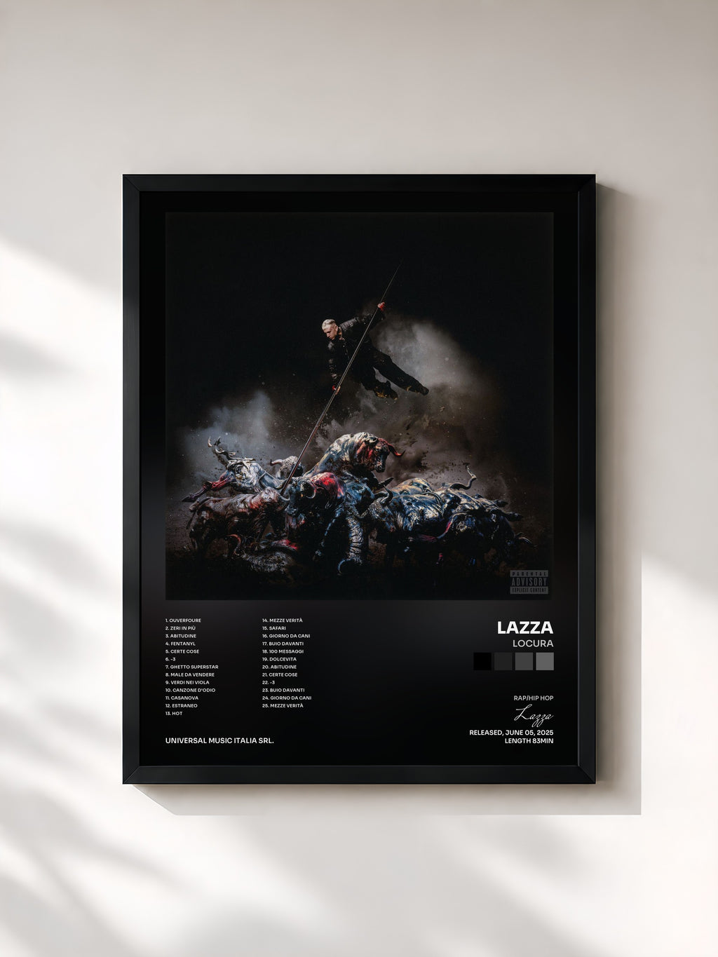 #noir Tableau de l'album LOCURA de Lazza, cadre noir, imprimé et encadré en France