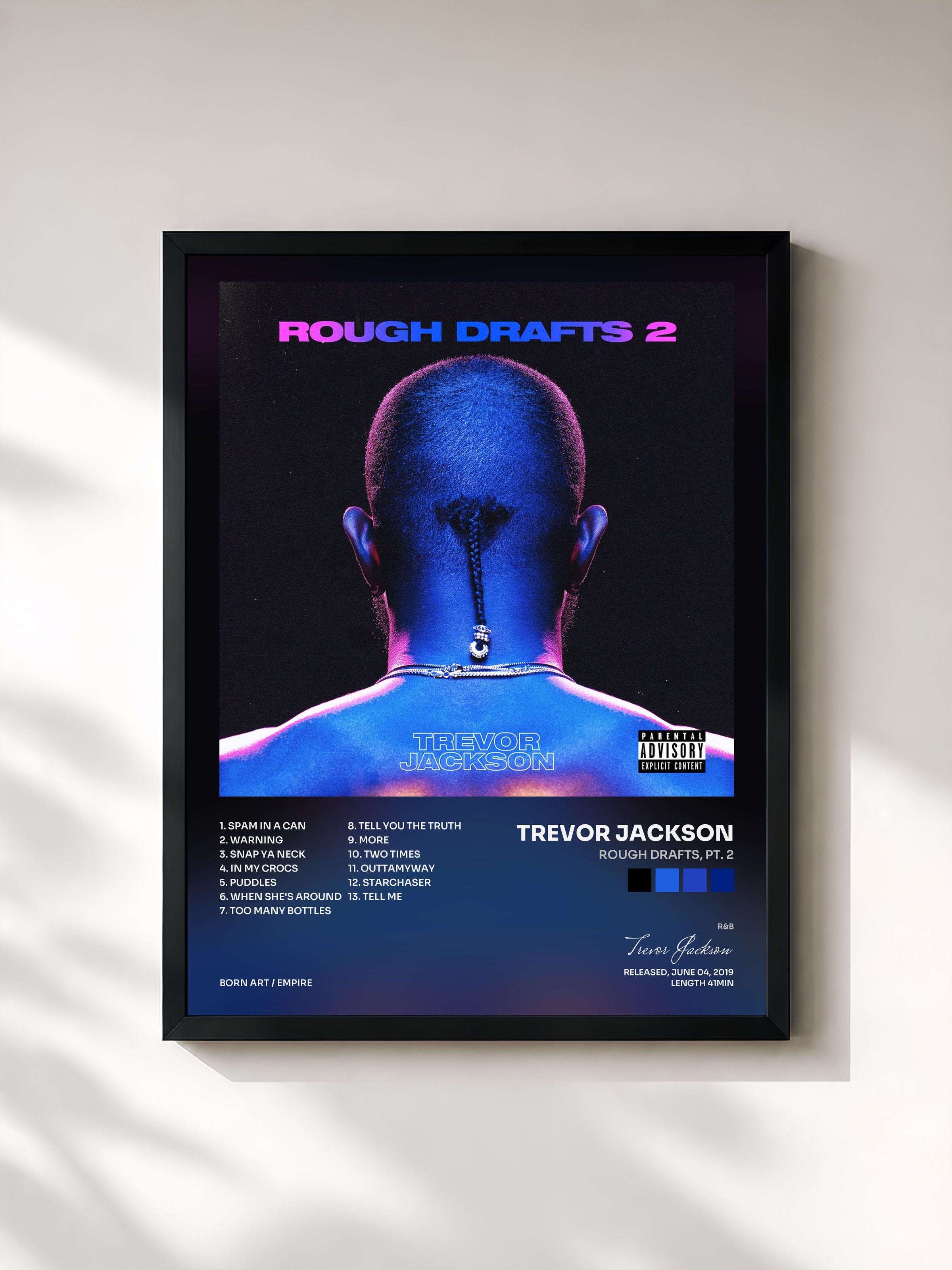 #noir Tableau de l'album Rough Drafts, Pt. 2 de Trevor Jackson, cadre noir, imprimé et encadré en France