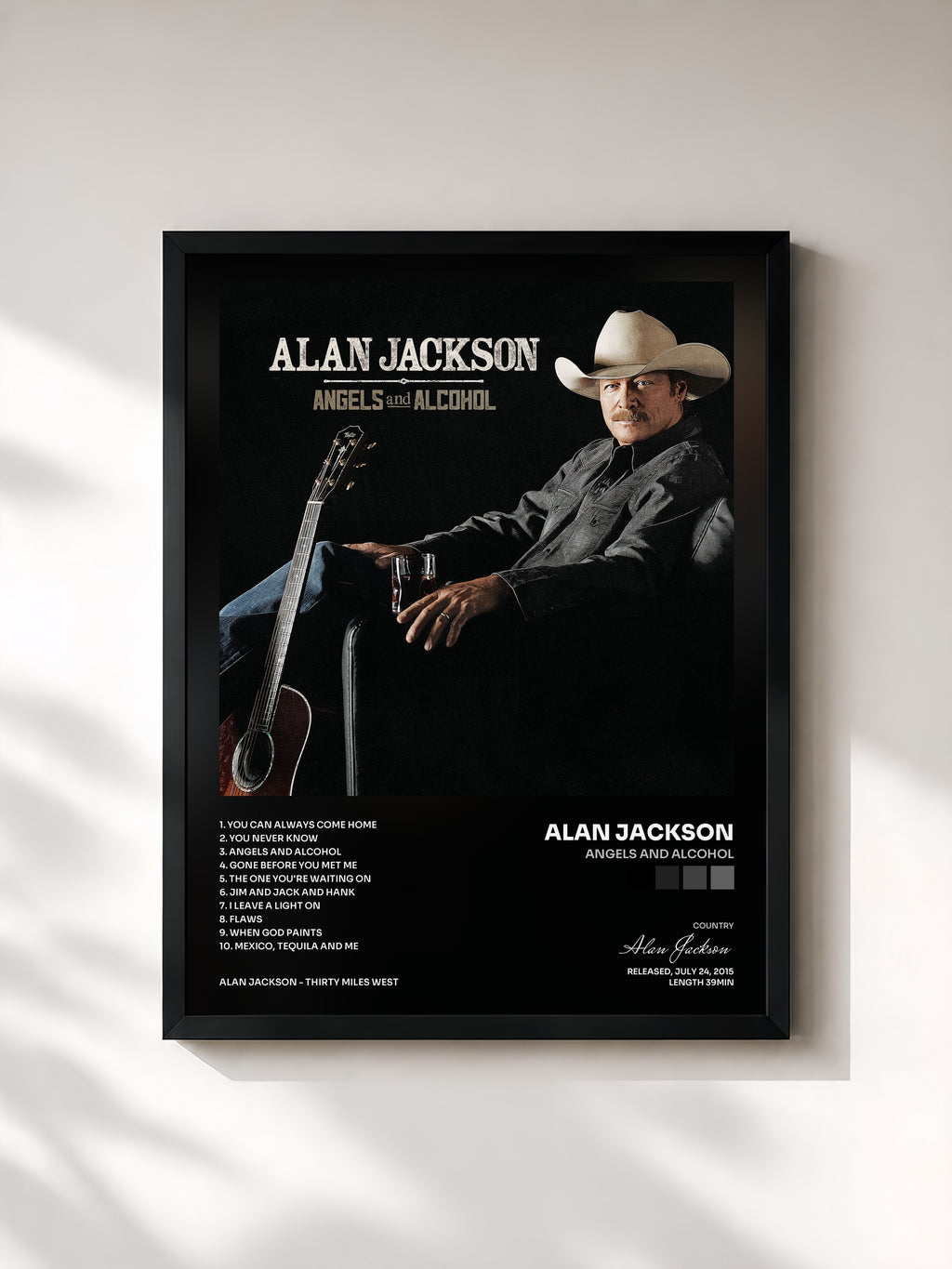#noir Tableau de l'album Angels And Alcohol de Alan Jackson, cadre noir, imprimé et encadré en France