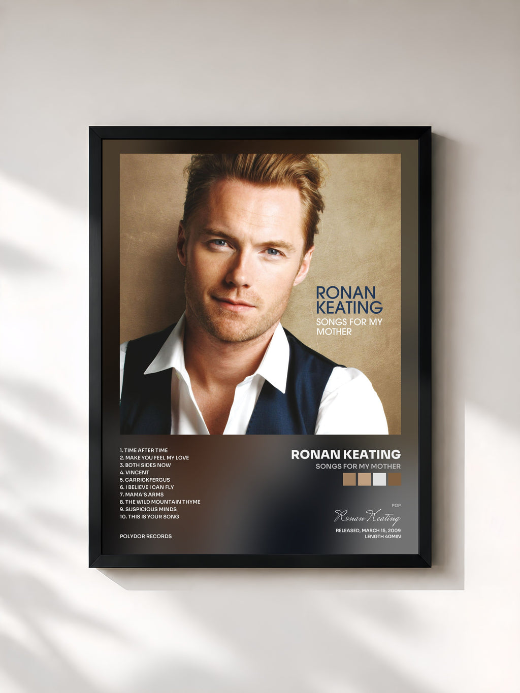 #noir Tableau de l'album Songs For My Mother de Ronan Keating, cadre noir, imprimé et encadré en France