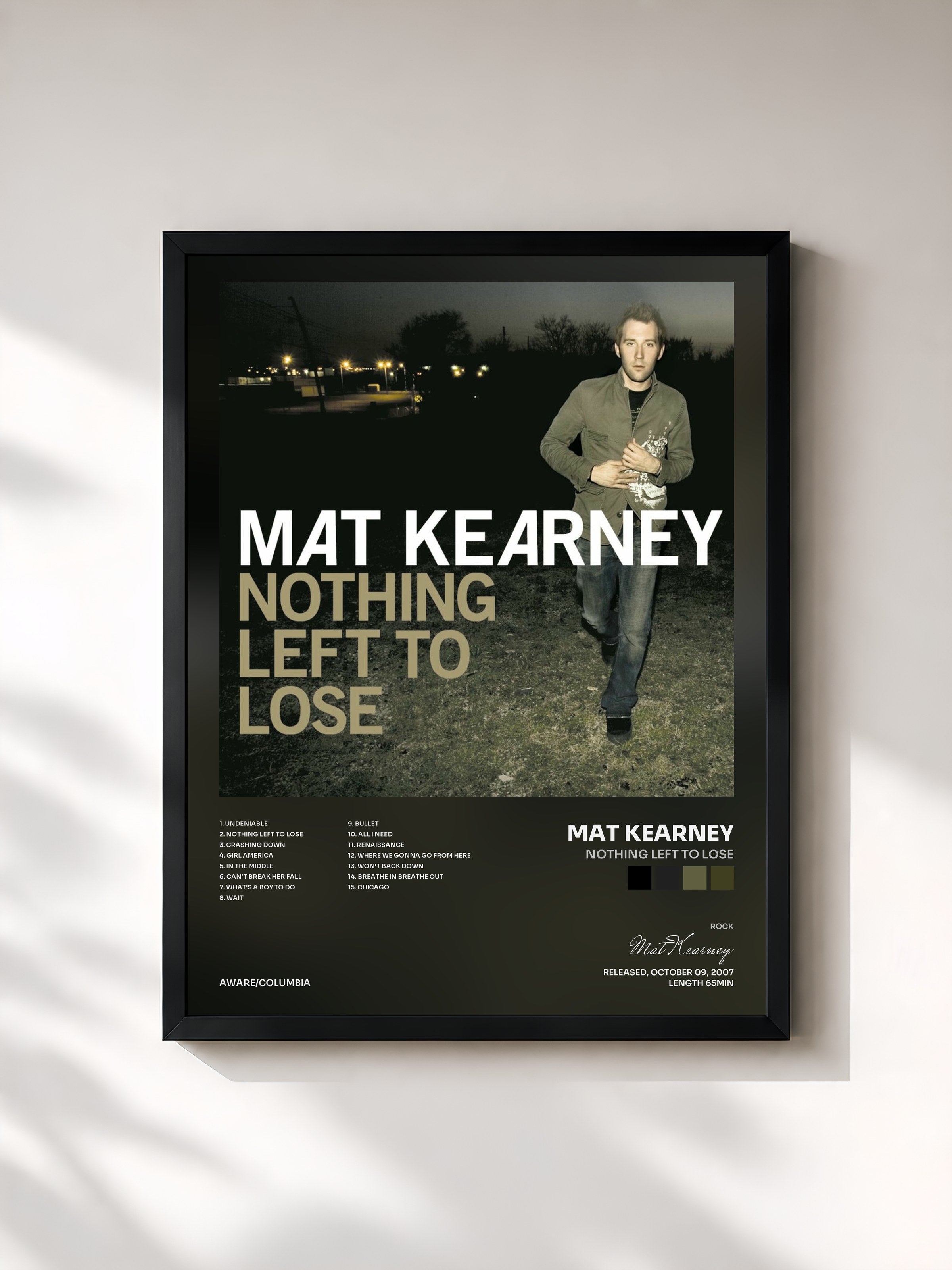#noir Tableau de l'album Nothing Left To Lose de Mat Kearney, cadre noir, imprimé et encadré en France