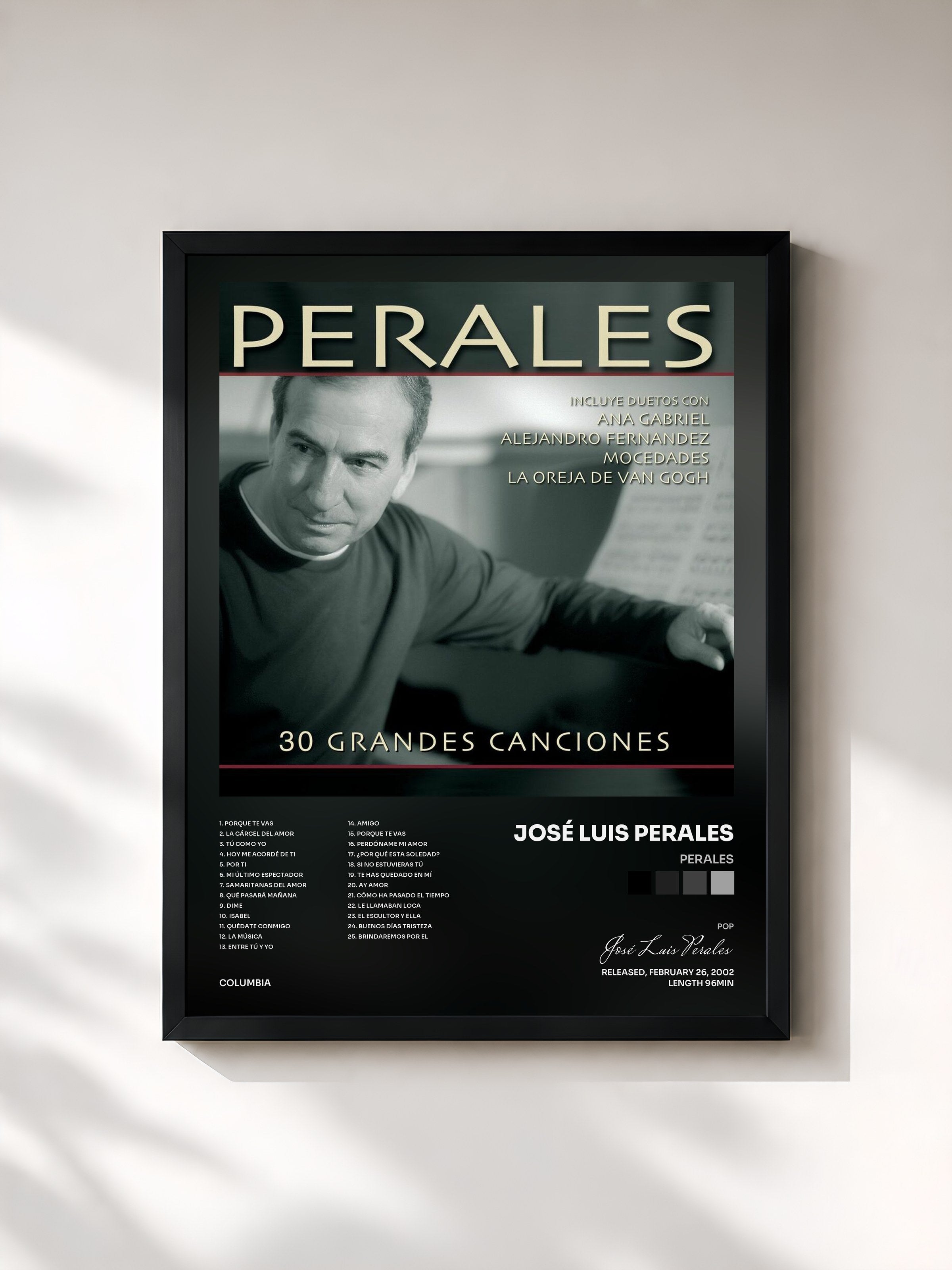 #noir Tableau de l'album Perales de José Luis Perales, cadre noir, imprimé et encadré en France