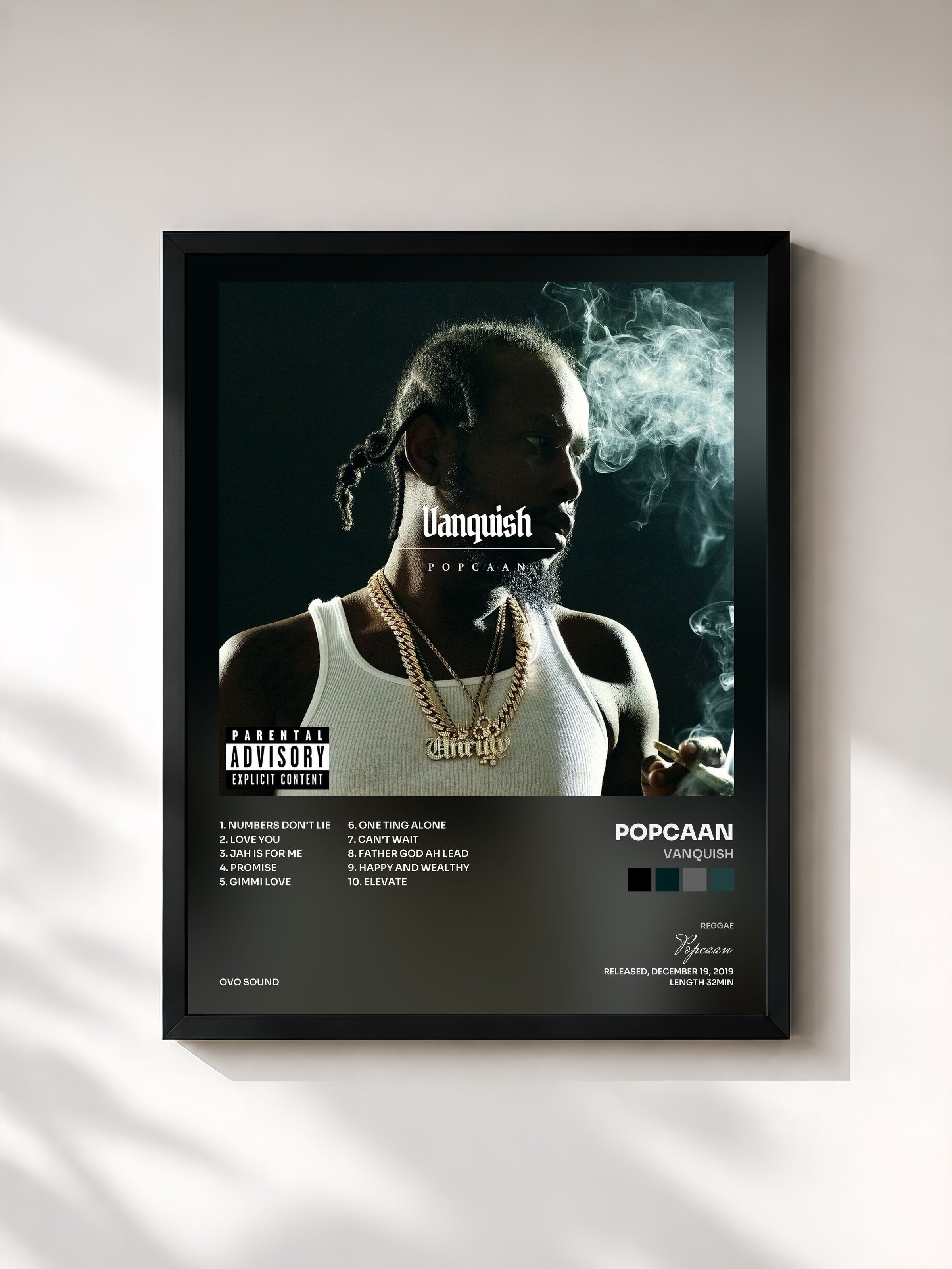 #noir Tableau de l'album Vanquish de Popcaan, cadre noir, imprimé et encadré en France