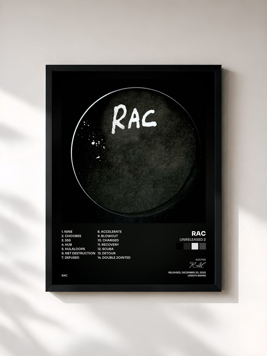 #noir Tableau de l'album Unreleased 2 de RAC, cadre noir, imprimé et encadré en France