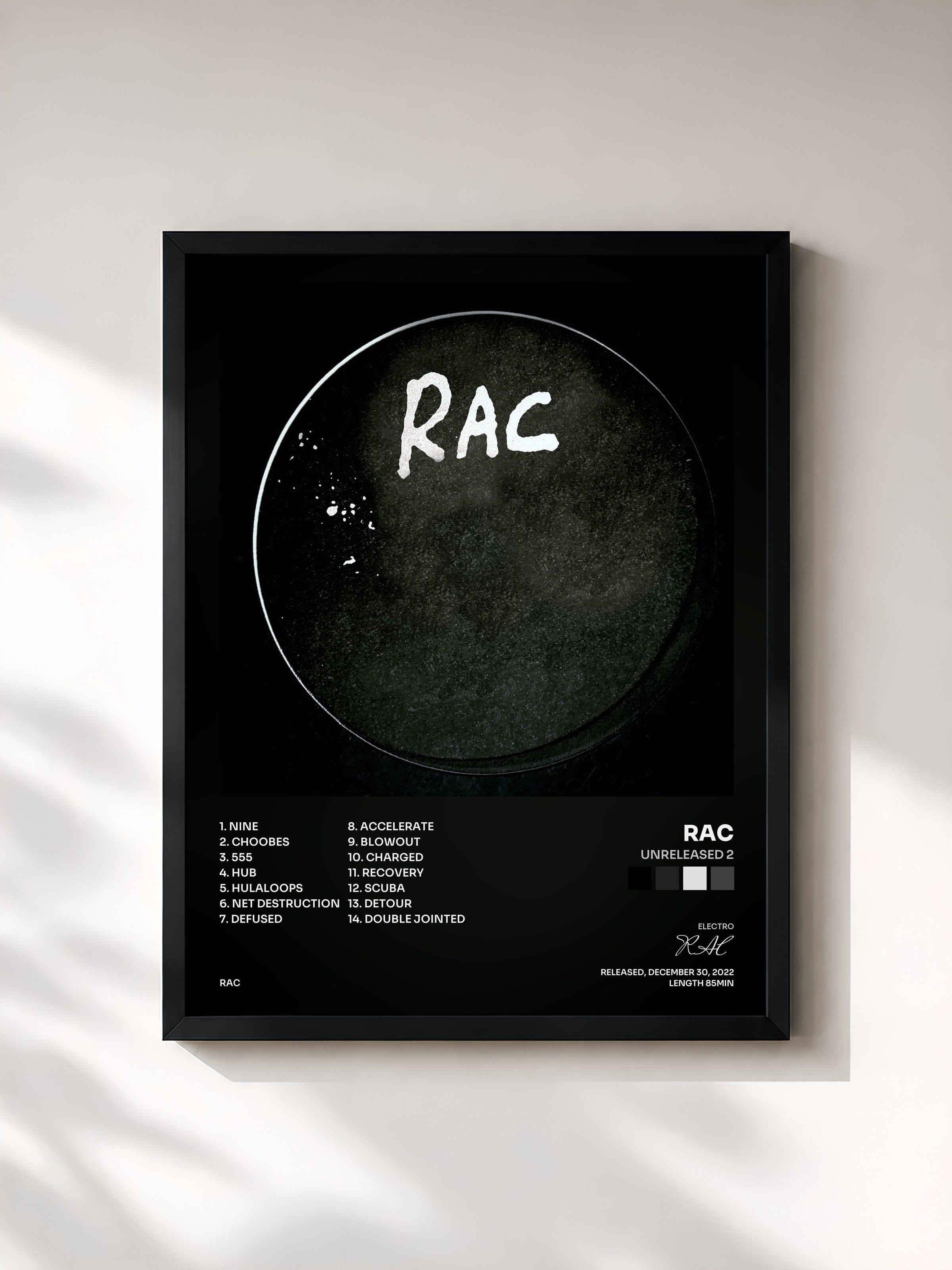 #noir Tableau de l'album Unreleased 2 de RAC, cadre noir, imprimé et encadré en France
