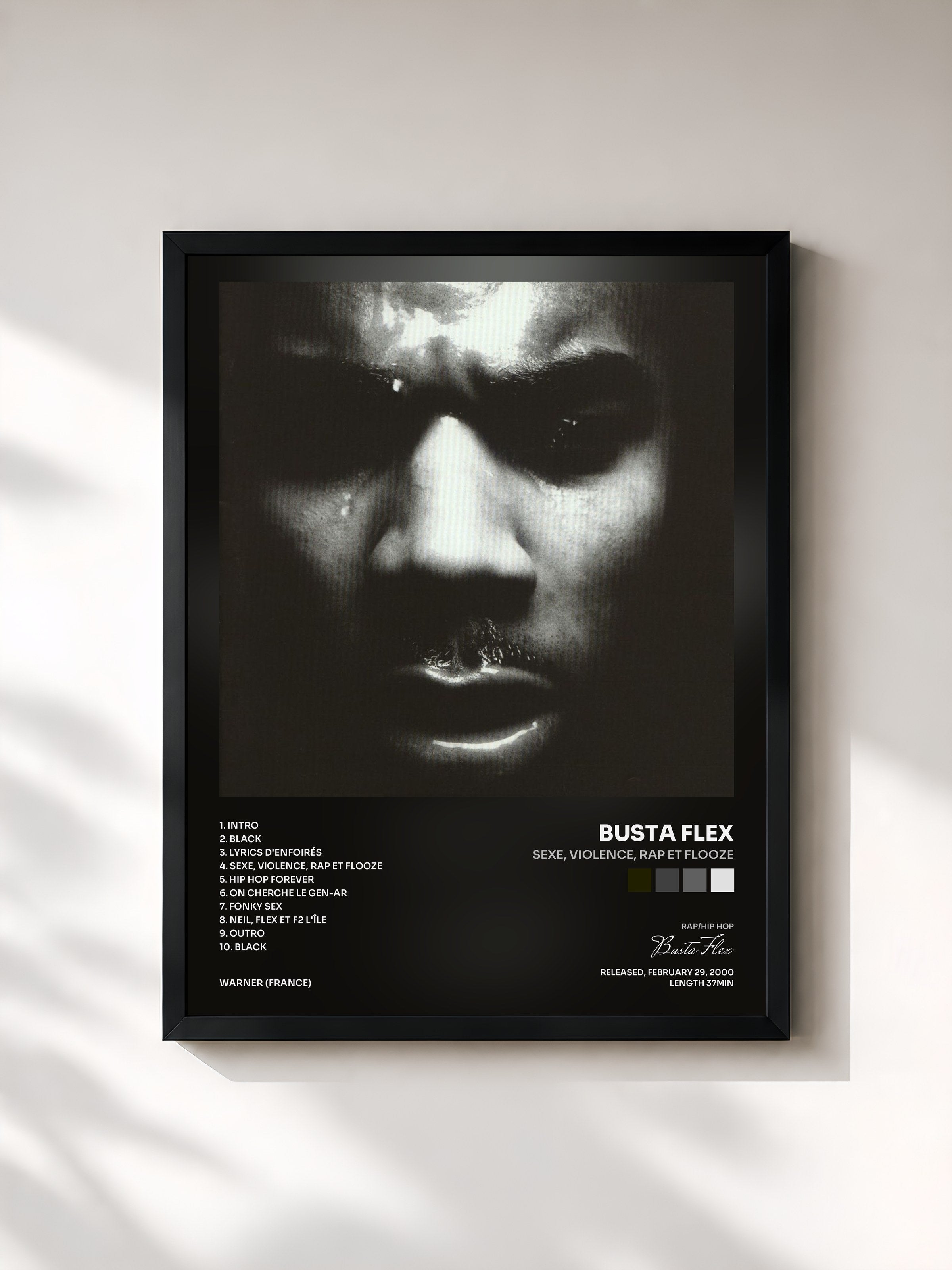 #noir Tableau de l'album Sexe, Violence, Rap Et Flooze de Busta Flex, cadre noir, imprimé et encadré en France