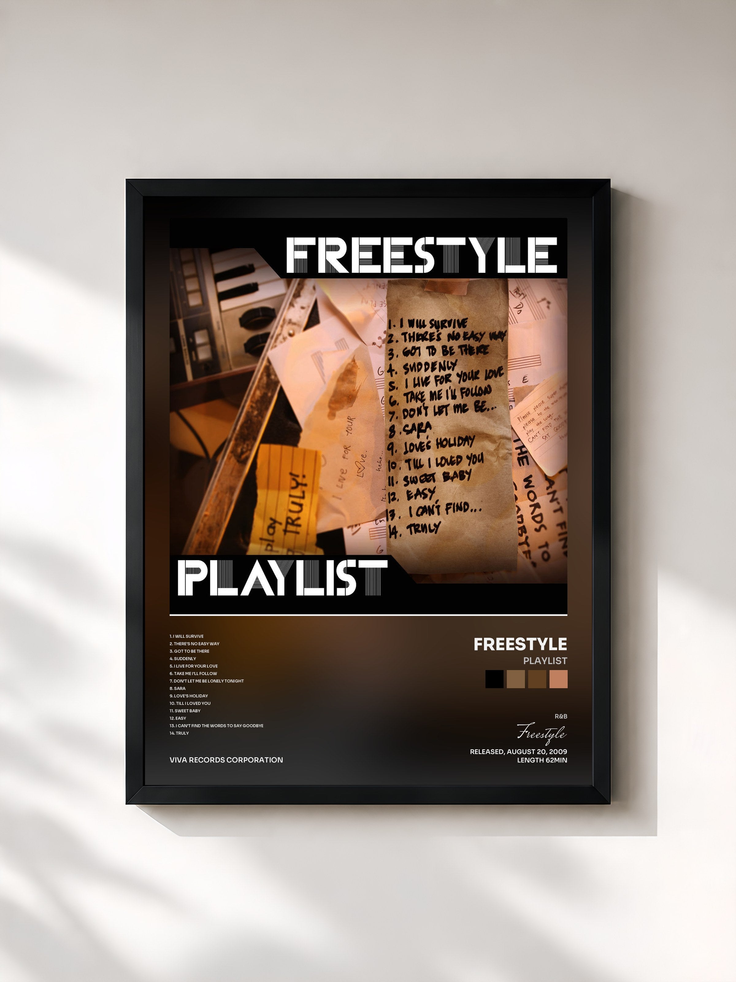 #noir Tableau de l'album Playlist de Freestyle, cadre noir, imprimé et encadré en France
