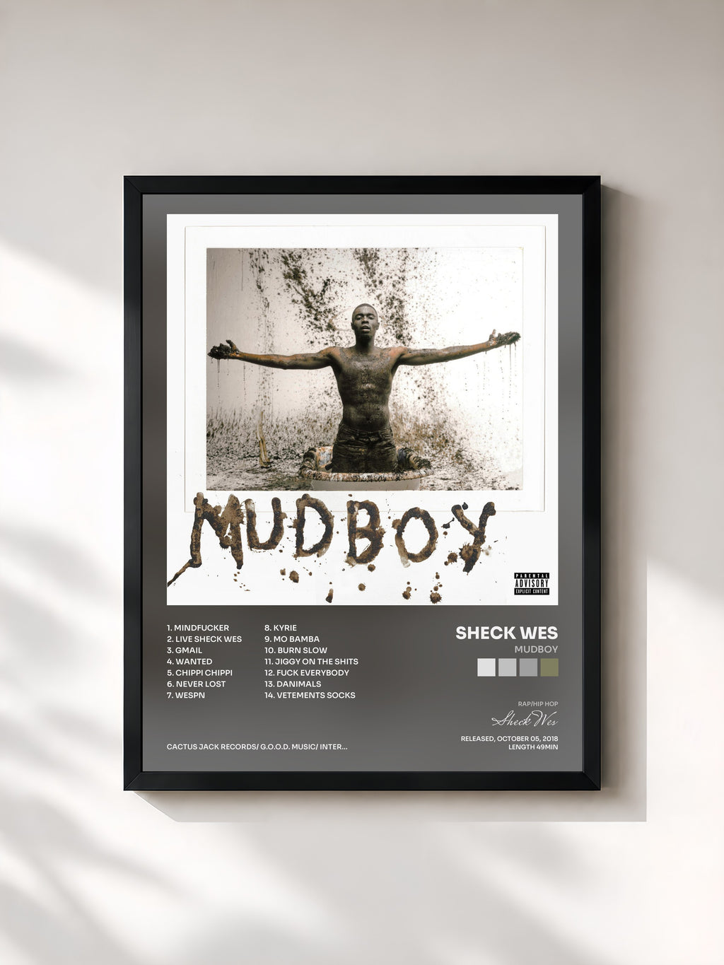 #noir Tableau de l'album MUDBOY de Sheck Wes, cadre noir, imprimé et encadré en France