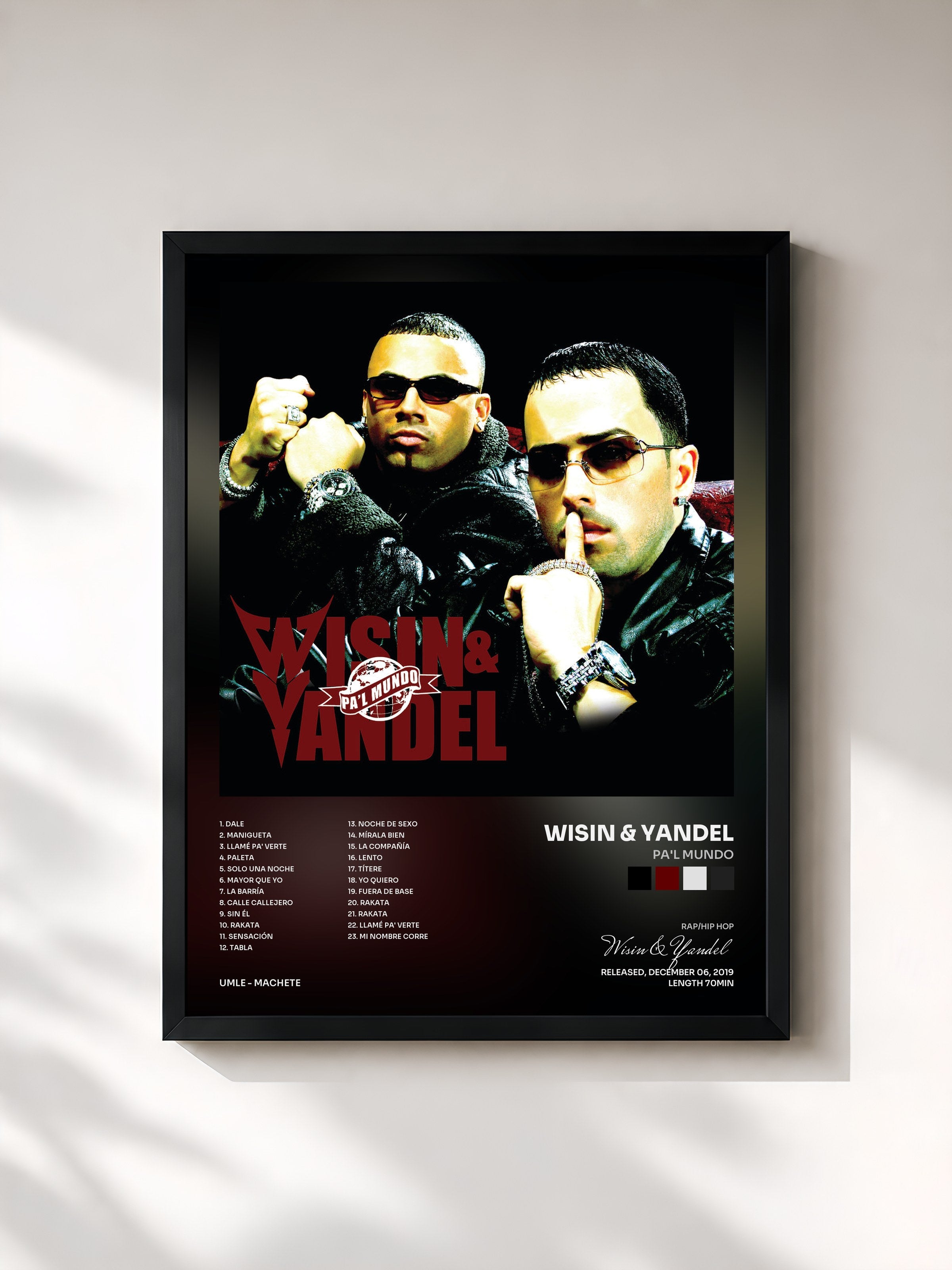 #noir Tableau de l'album Pa'l Mundo de Wisin & Yandel, cadre noir, imprimé et encadré en France