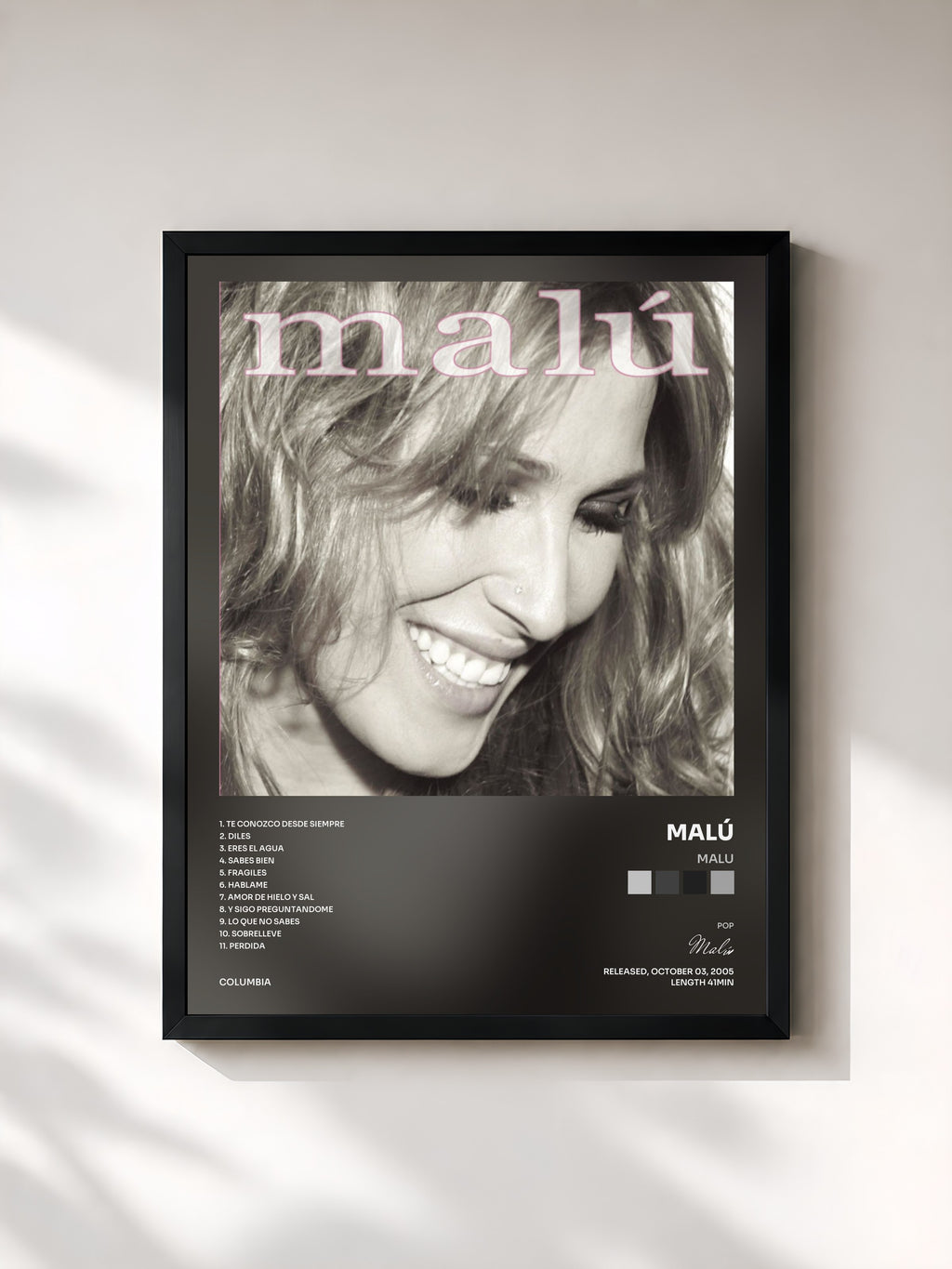 #noir Tableau de l'album Malu de Malú, cadre noir, imprimé et encadré en France