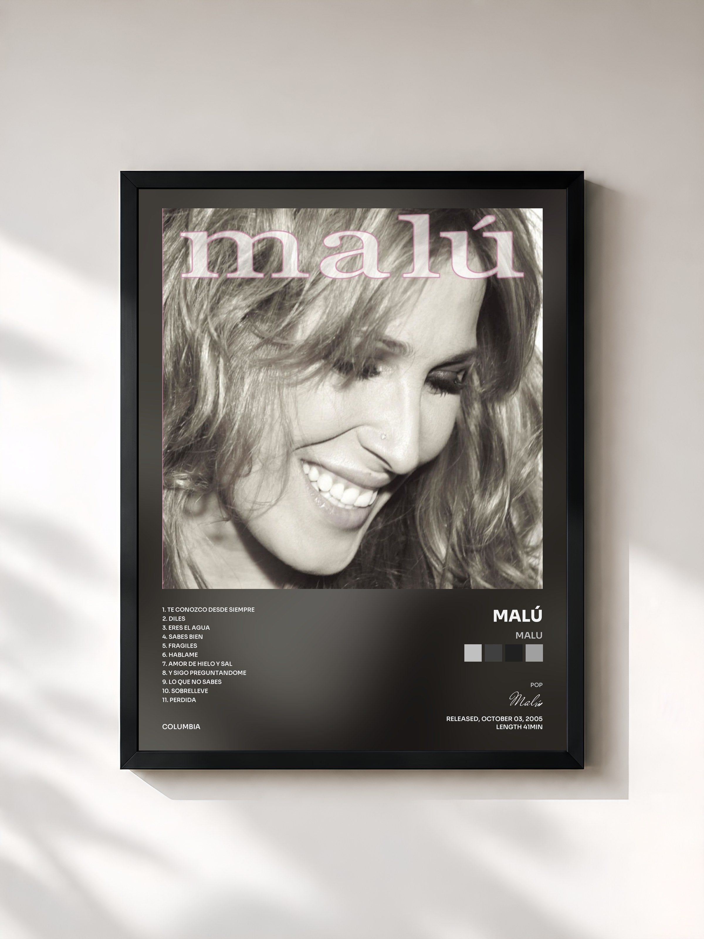 #noir Tableau de l'album Malu de Malú, cadre noir, imprimé et encadré en France