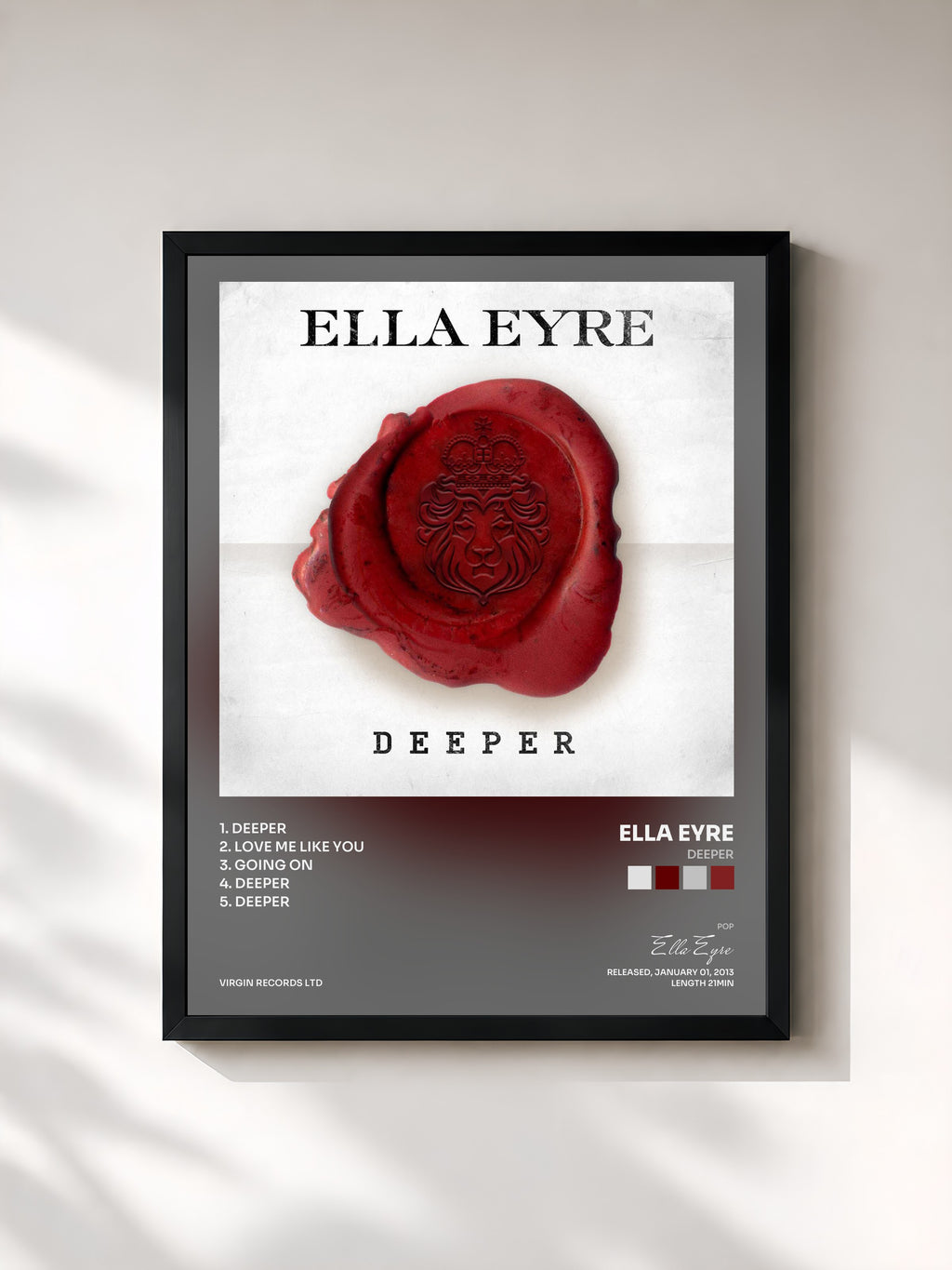 #noir Tableau de l'album Deeper de Ella Eyre, cadre noir, imprimé et encadré en France