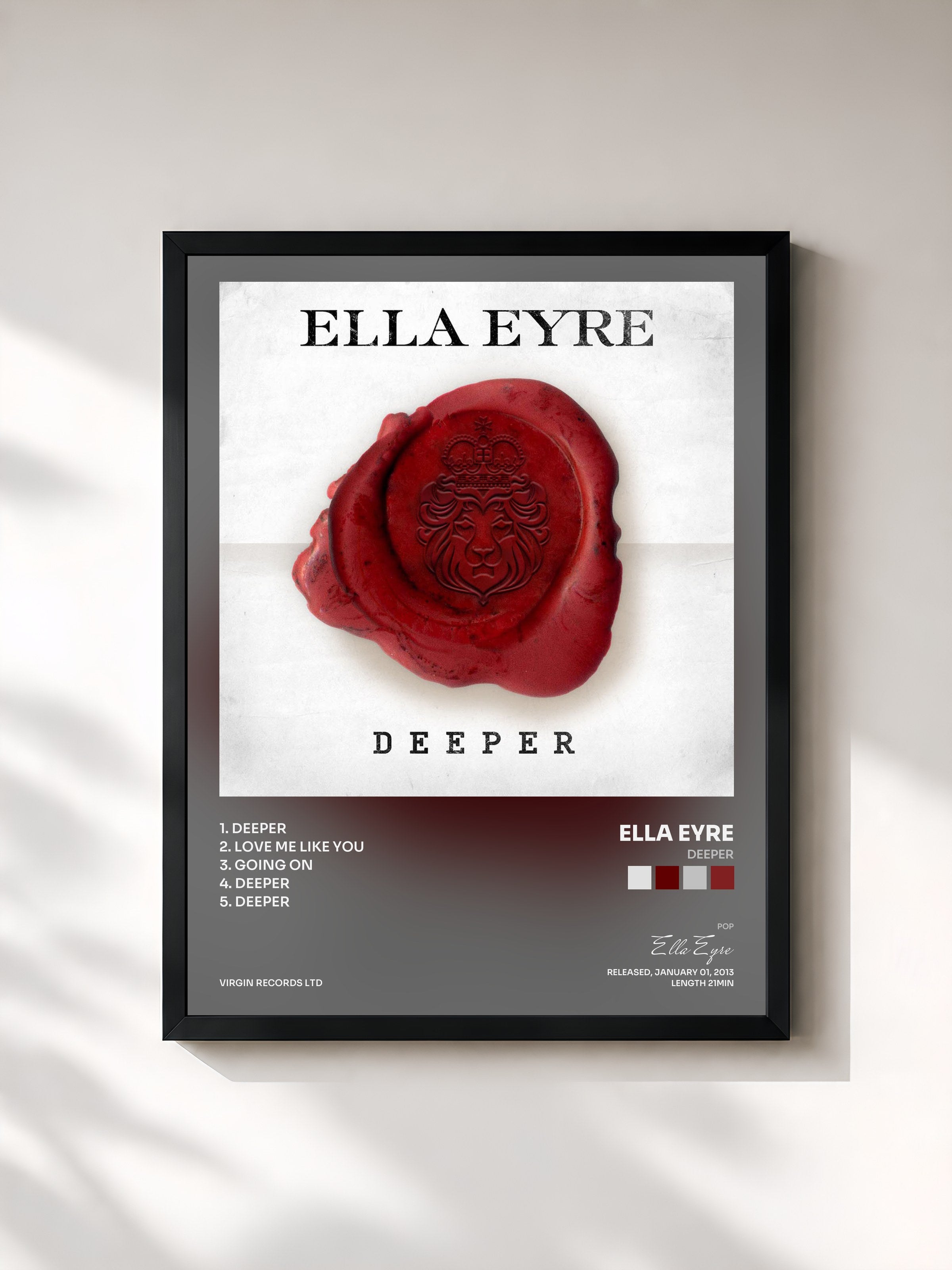 #noir Tableau de l'album Deeper de Ella Eyre, cadre noir, imprimé et encadré en France