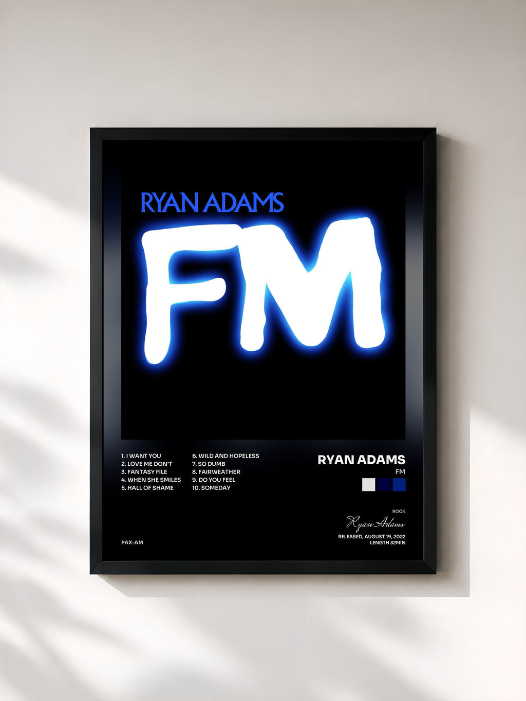 #noir Tableau de l'album FM de Ryan Adams, cadre noir, imprimé et encadré en France