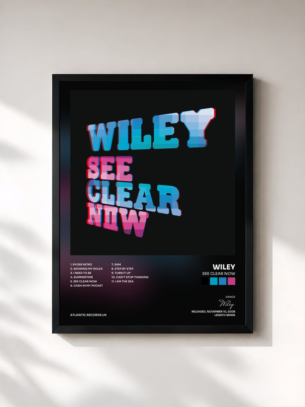 #noir Tableau de l'album See Clear Now de Wiley, cadre noir, imprimé et encadré en France