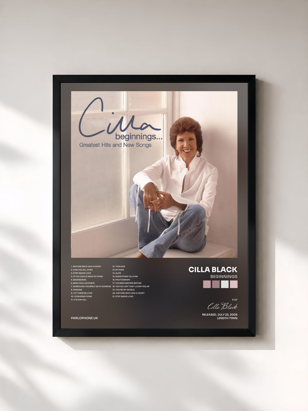 #noir Tableau de l'album Beginnings de Cilla Black, cadre noir, imprimé et encadré en France