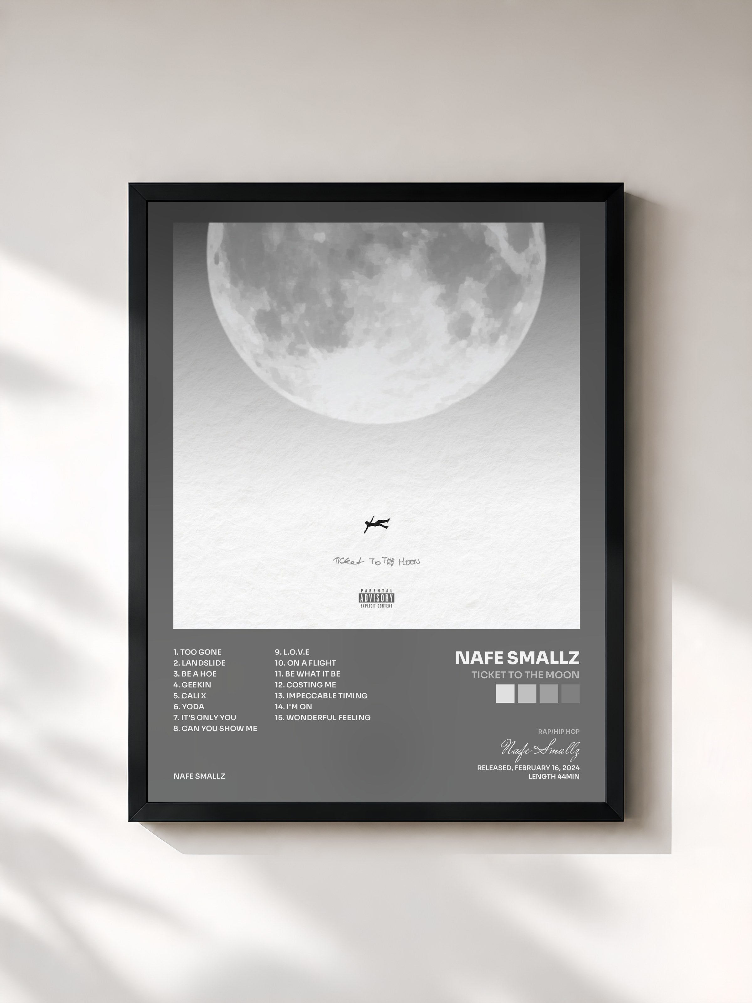 #noir Tableau de l'album Ticket To The Moon de Nafe Smallz, cadre noir, imprimé et encadré en France