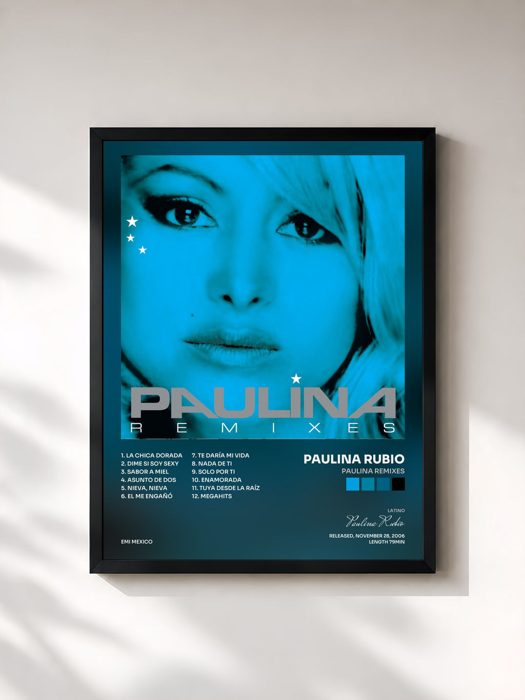 #noir Tableau de l'album Paulina Remixes de Paulina Rubio, cadre noir, imprimé et encadré en France