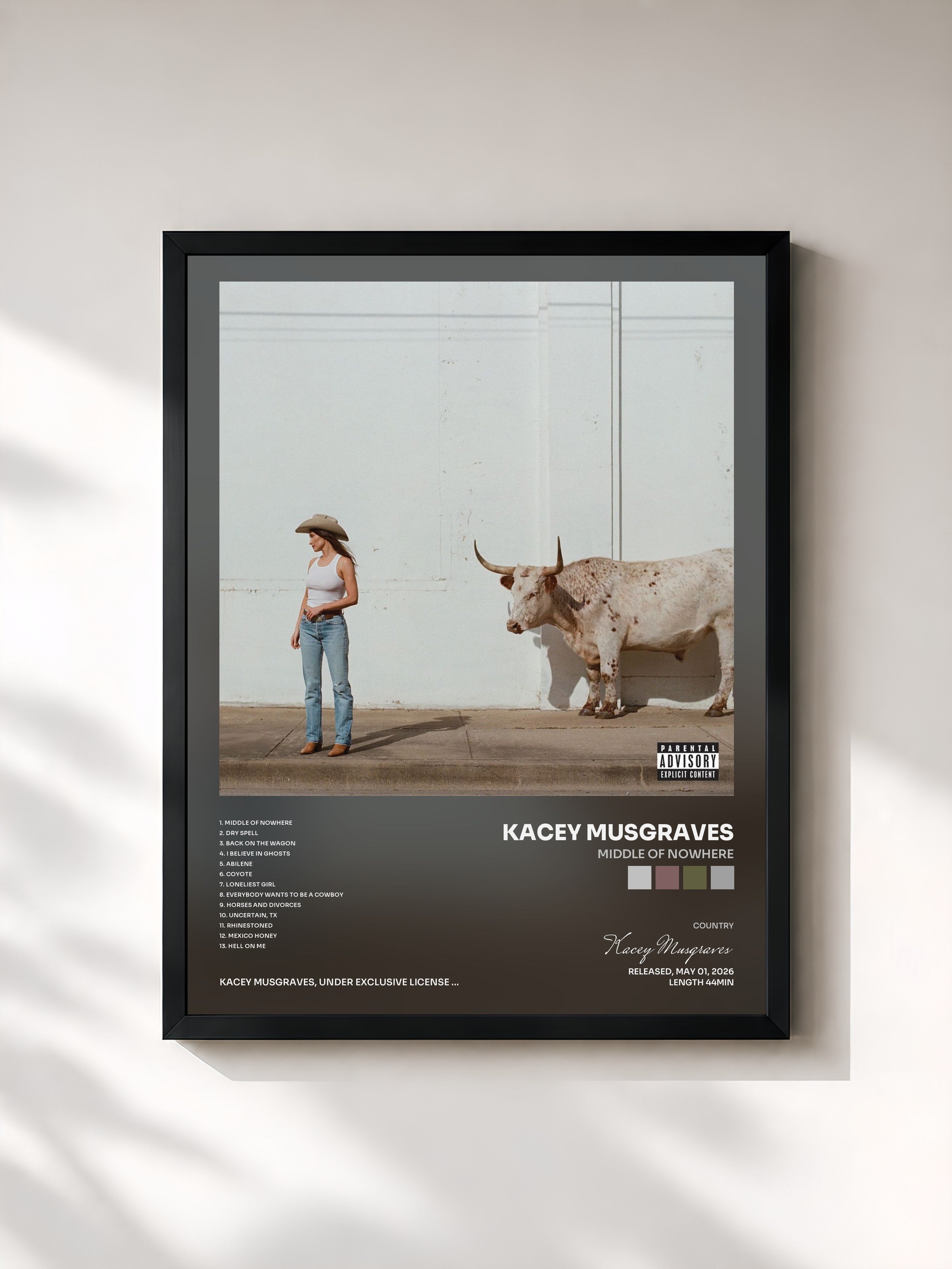 #noir Tableau de l'album Middle of Nowhere de Kacey Musgraves, cadre noir, imprimé et encadré en France