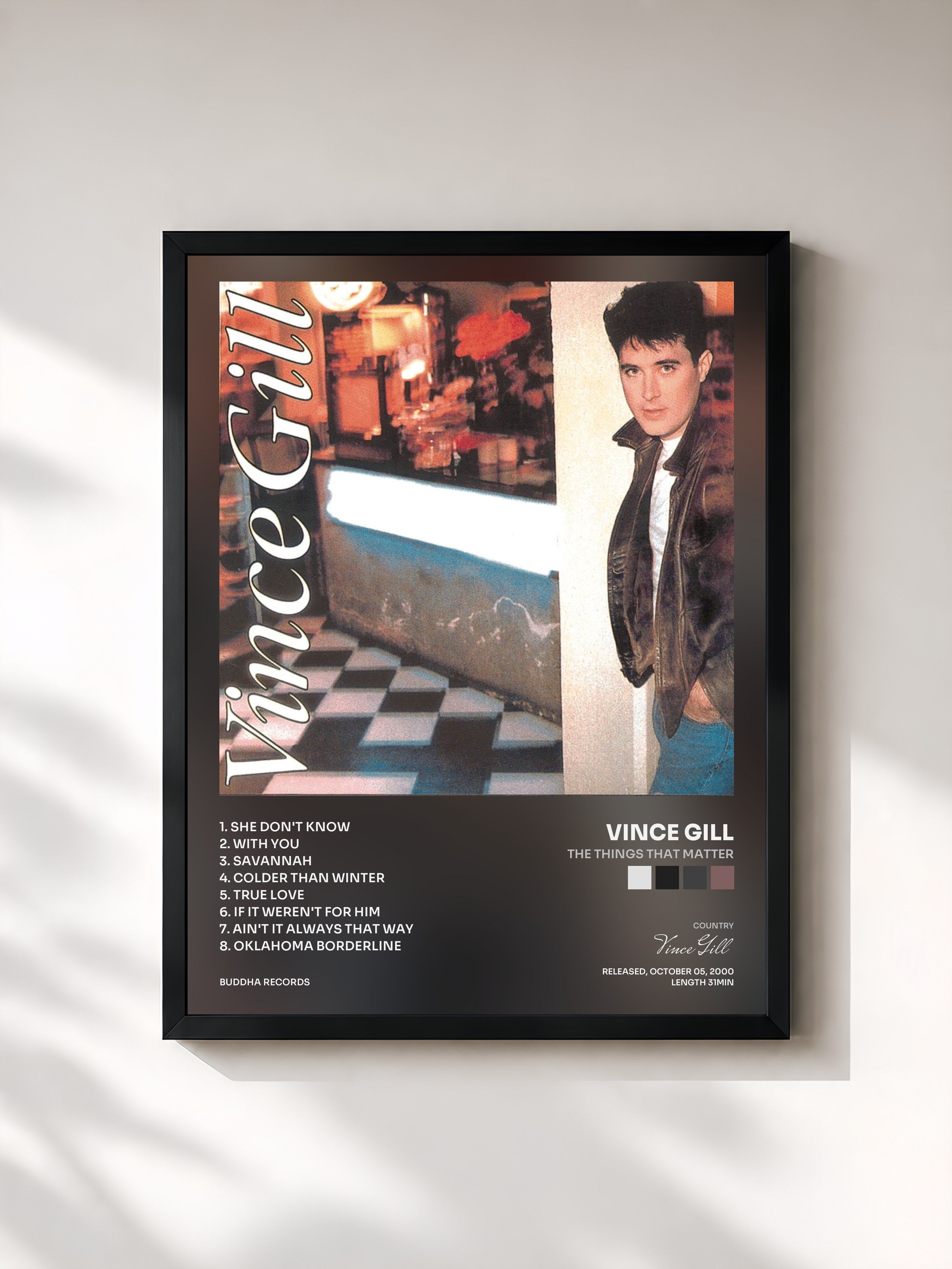 #noir Tableau de l'album The Things That Matter de Vince Gill, cadre noir, imprimé et encadré en France